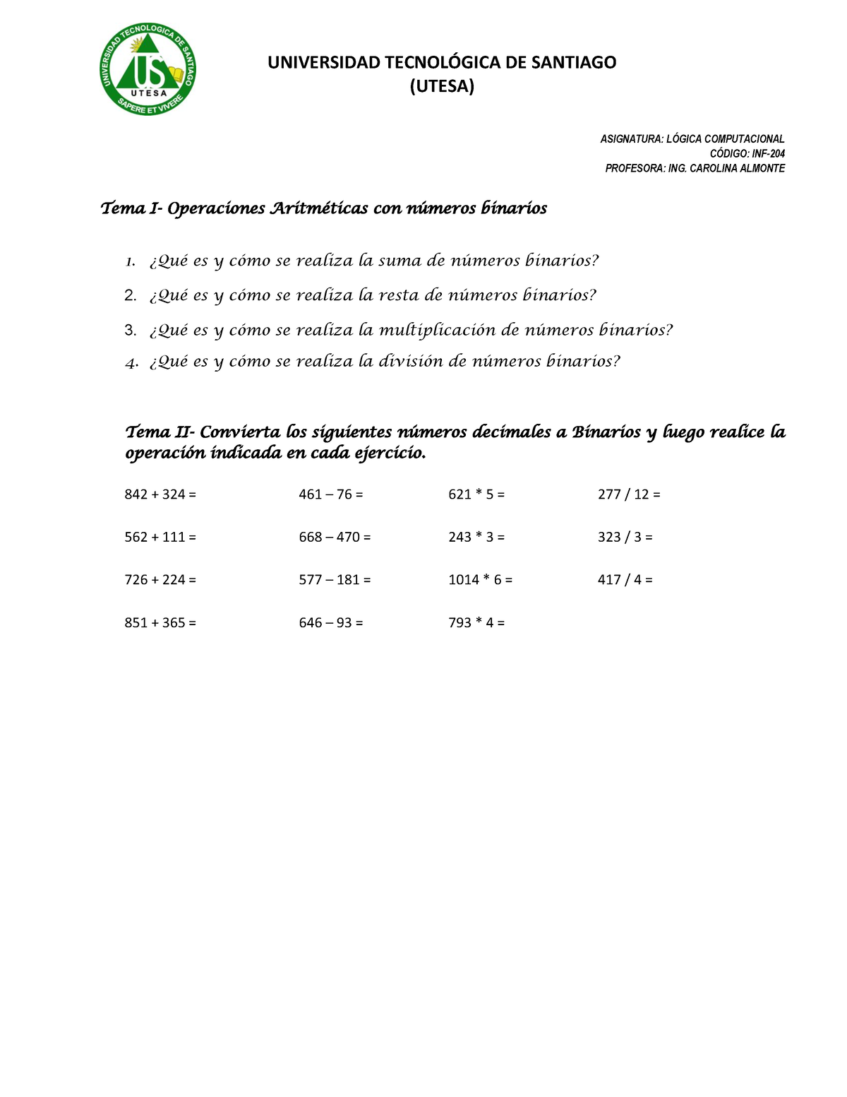 Practica De Operaciones Aritmeticas - UNIVERSIDAD TECNOL”GICA DE ...