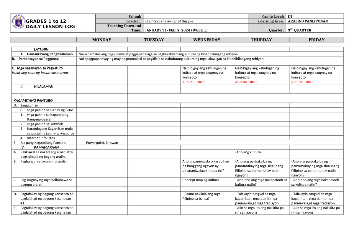 DLL Araling Panlipunan 3 Q3 W1 - GRADES 1 To 12 DAILY LESSON LOG School ...