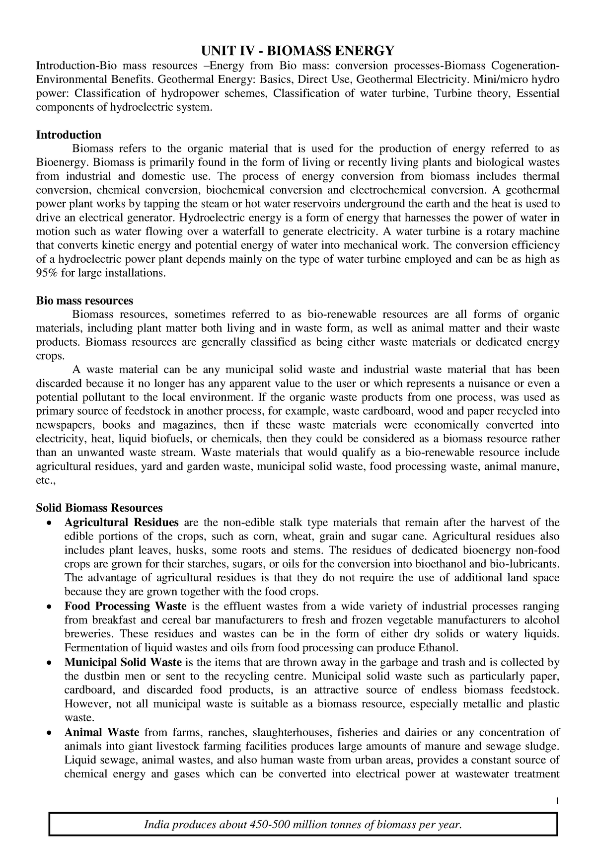 NCSE Notes - Unit -III - Bio Mass - 1 India produces about 450-500 ...