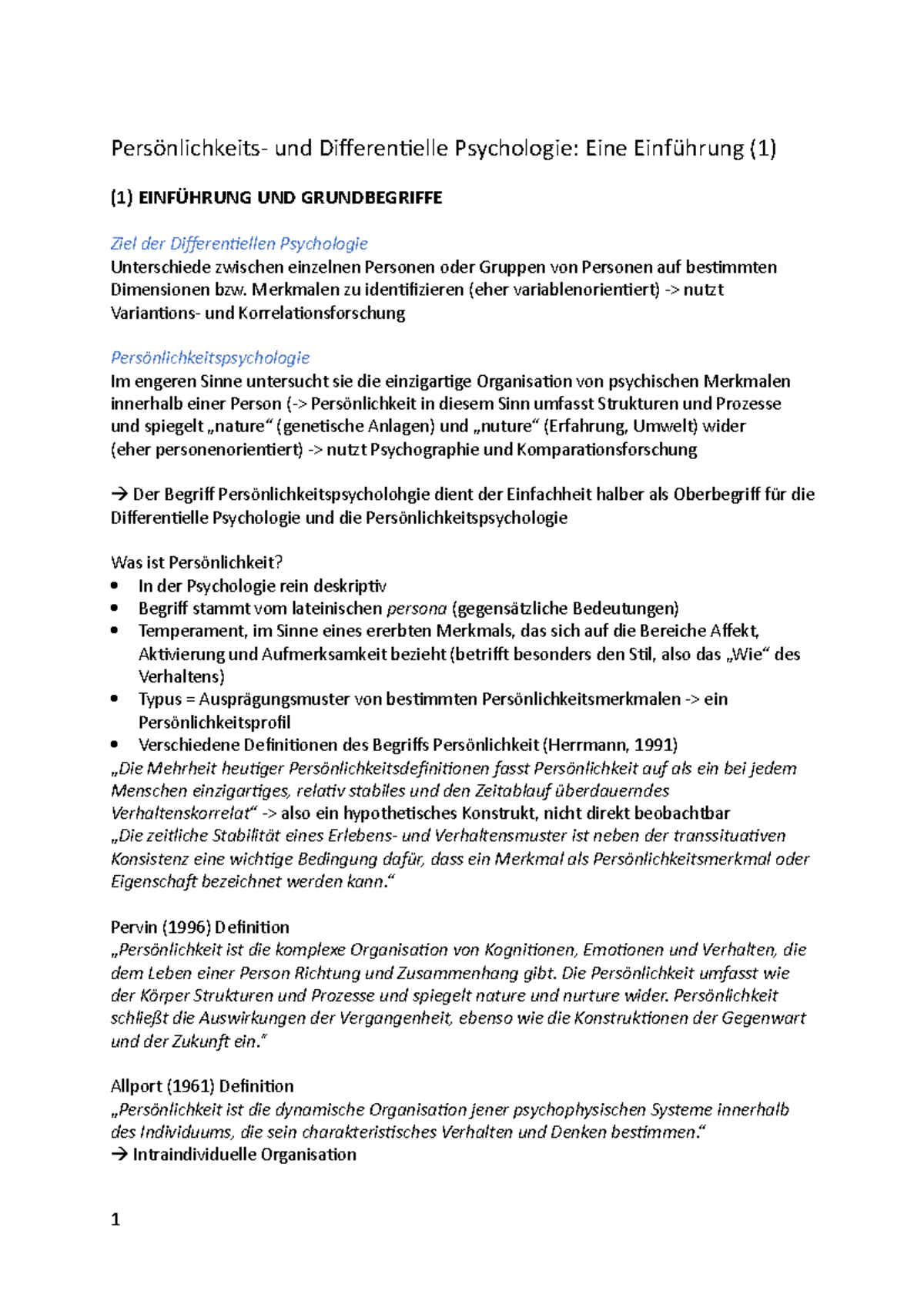 Grundlagen der Psychologischen Diagnostik - Persönlichkeits- und