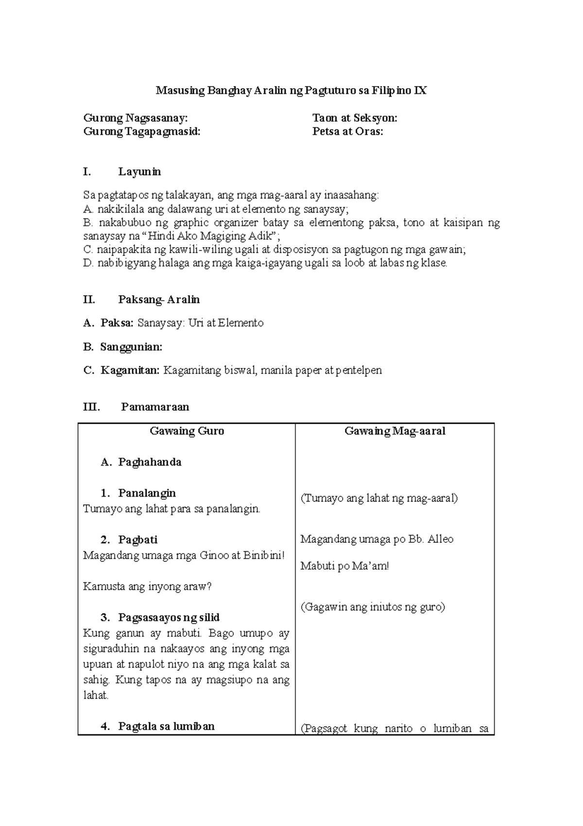 Lesson Plan Sanaysay Masusing Banghay Aralin Ng Pagtuturo Sa Filipino Ix Gurong Nagsasanay 0442