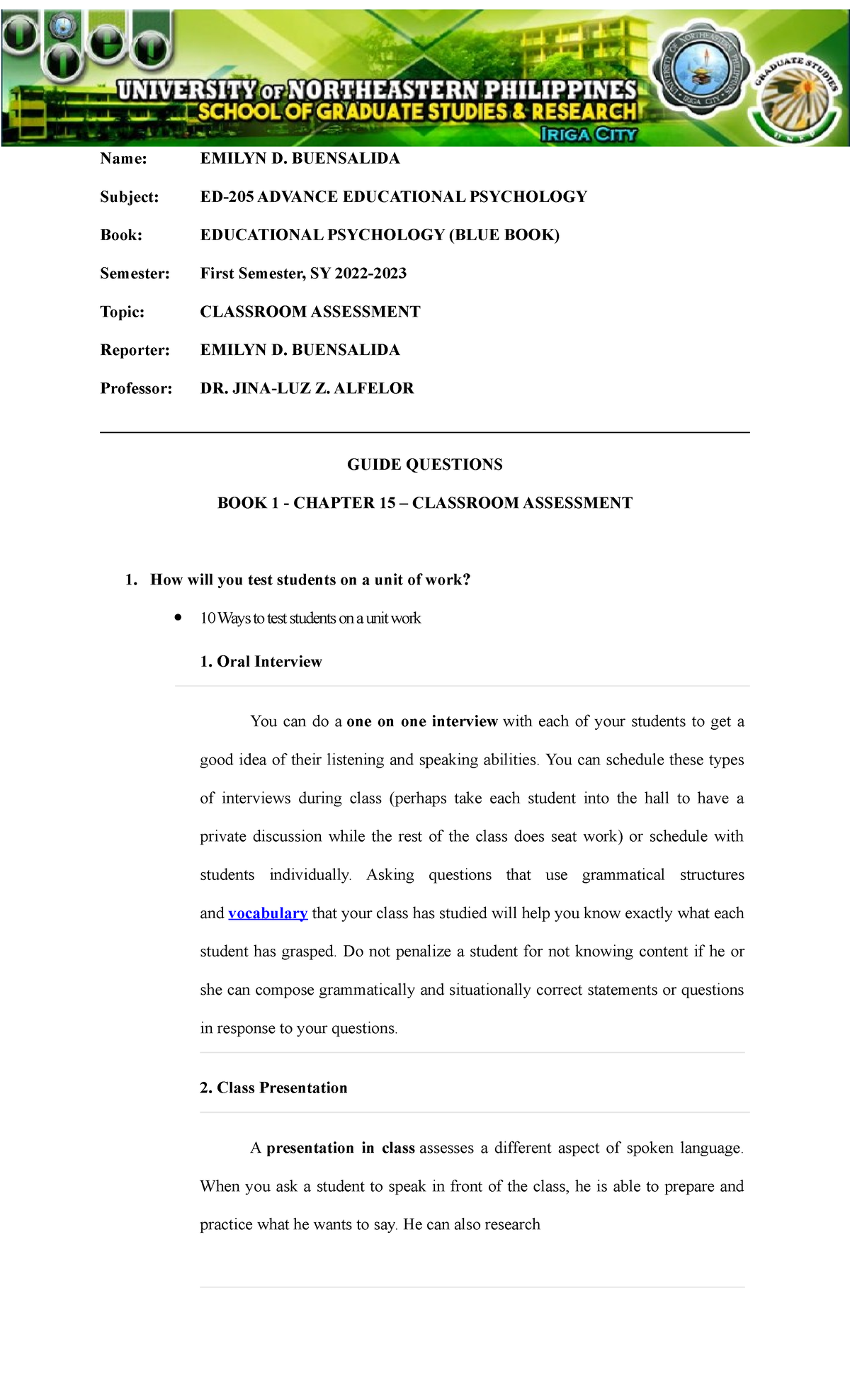 Chapter 15 Classroom Assessment - Name: EMILYN D. BUENSALIDA Subject ...