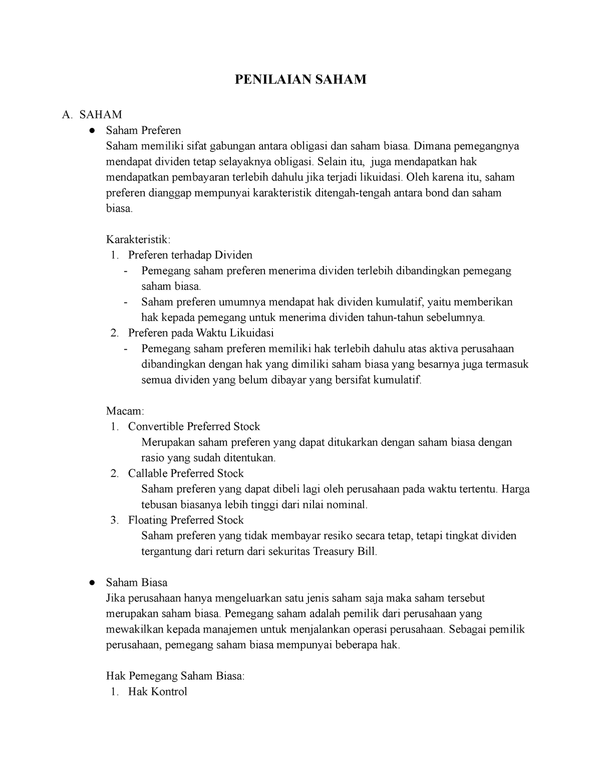 Pasmod Penilaian Saham - PENILAIAN SAHAM A. SAHAM Saham Preferen Saham ...