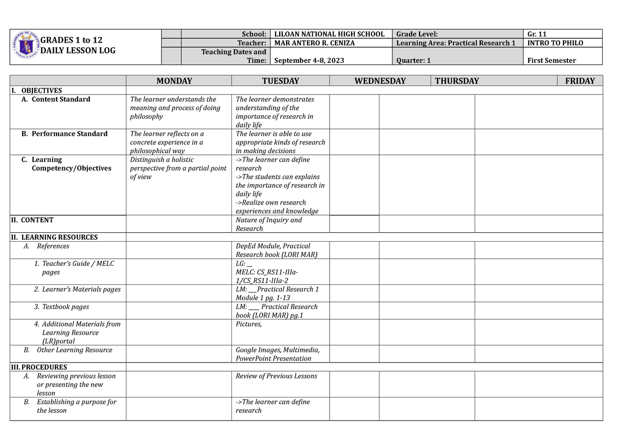 Intro TO Philo DLL - daily lesson logs - GRADES 1 to 12 DAILY LESSON ...