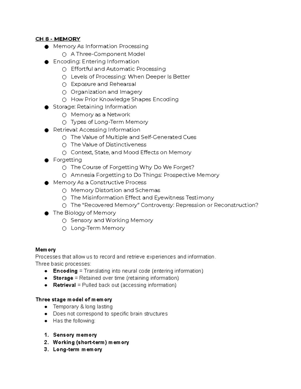 Psyc 101 Final Notes - CH 8 - MEMORY Memory As Information Processing A ...