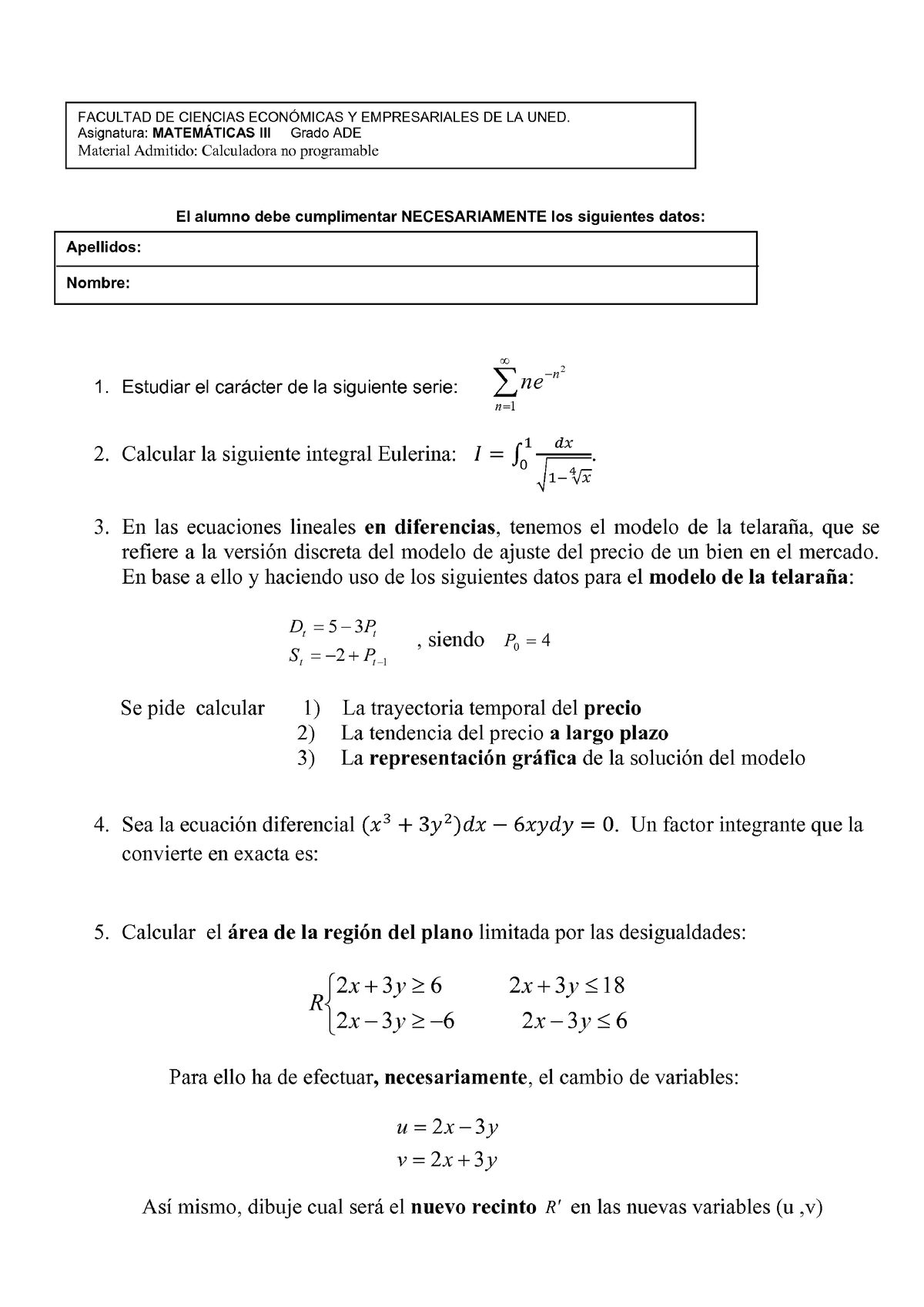 Examen Septiembre Año 2018 Matematicas 2 - Matemáticas II - Studocu