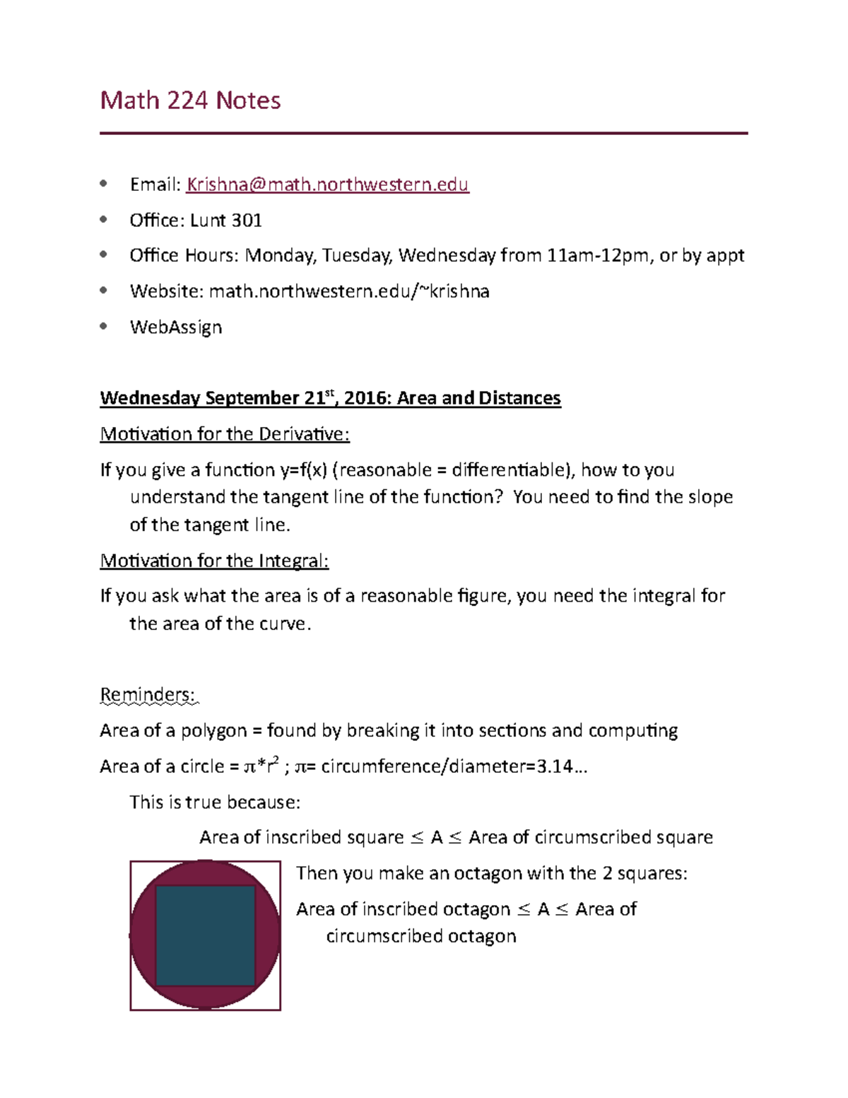 Math 224 Notes - Math 224 Notes Email: Krishna@math.northwestern Office ...