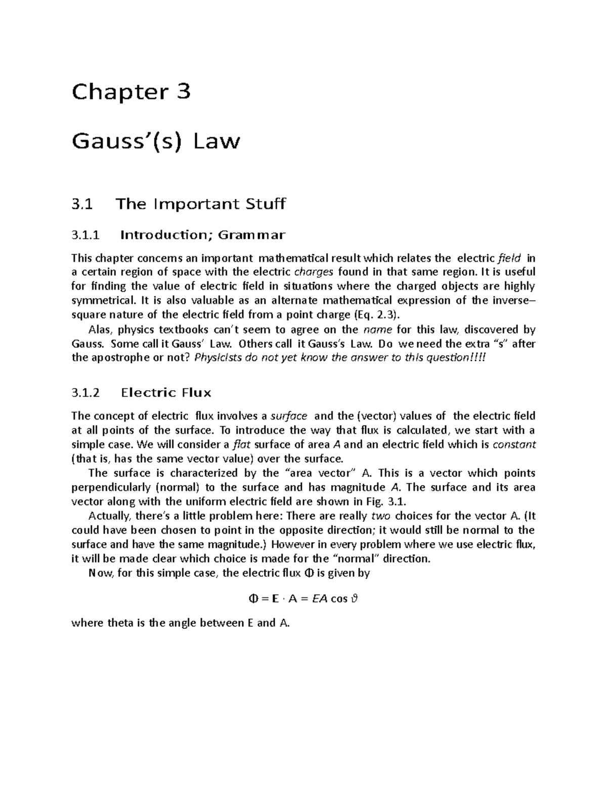 Gauss’ Law - Gauss’ Law - Chapter 3 Gauss’(s) Law 3 The Important Stuf ...