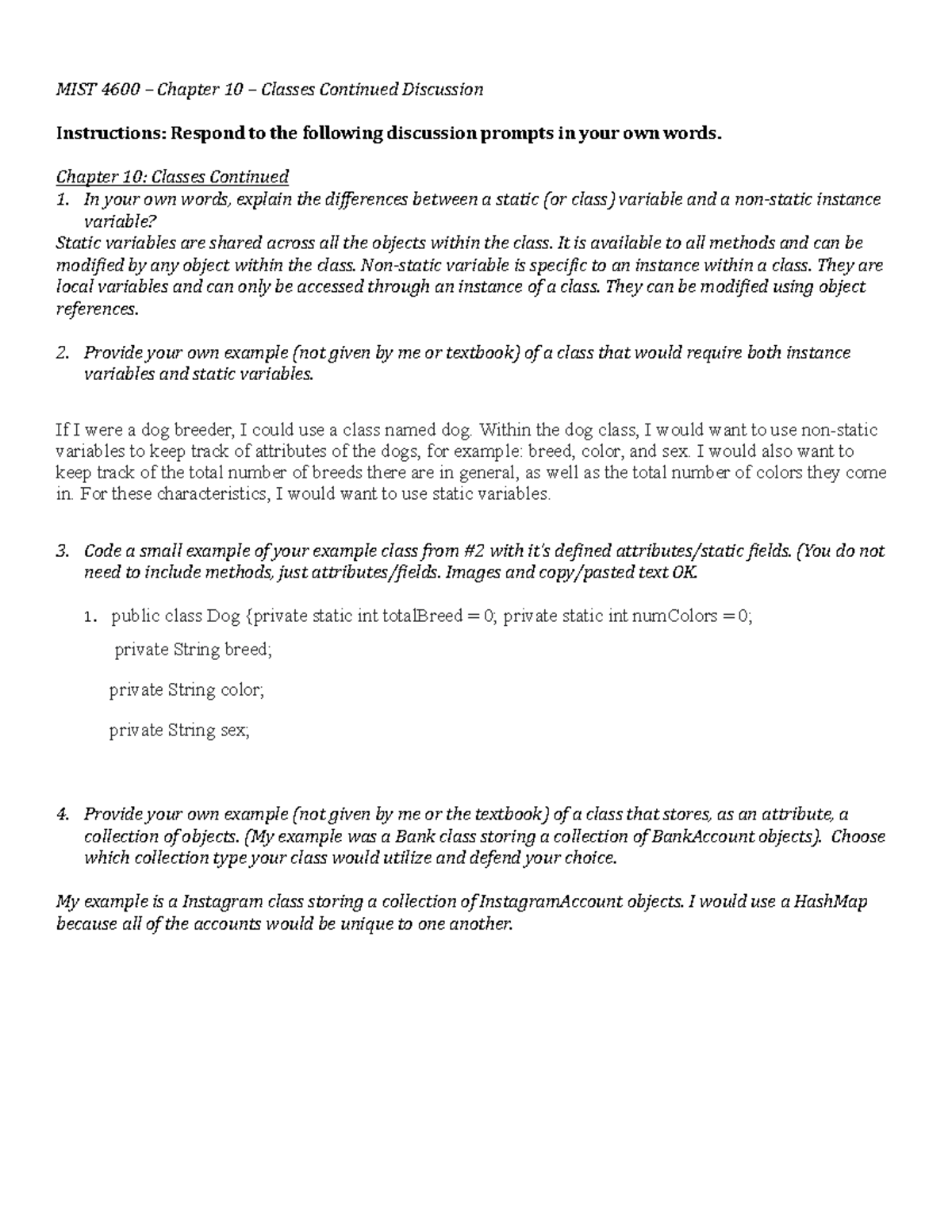 Chapter 10 Classes Continued Discussion 2 MIST 4600 UGA Studocu