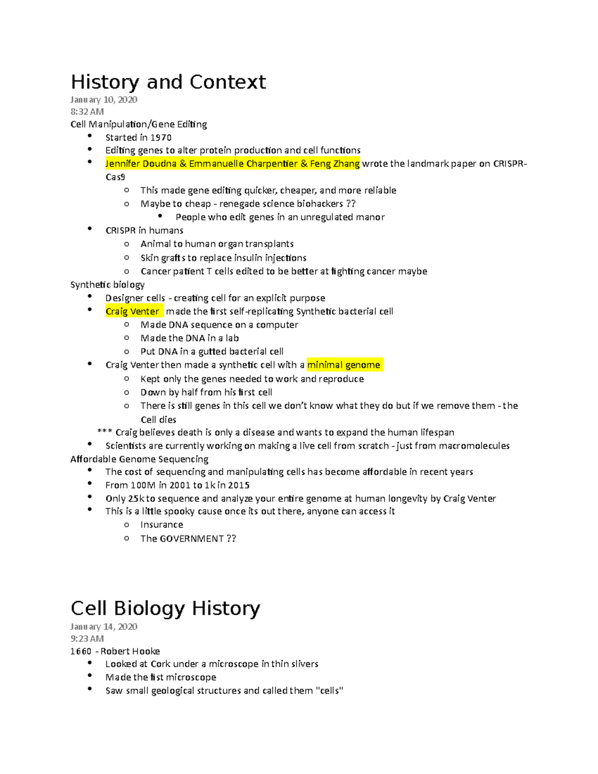 BIOL2020 Cell Biology - History and Context January 10, 2020 8:32 AM ...
