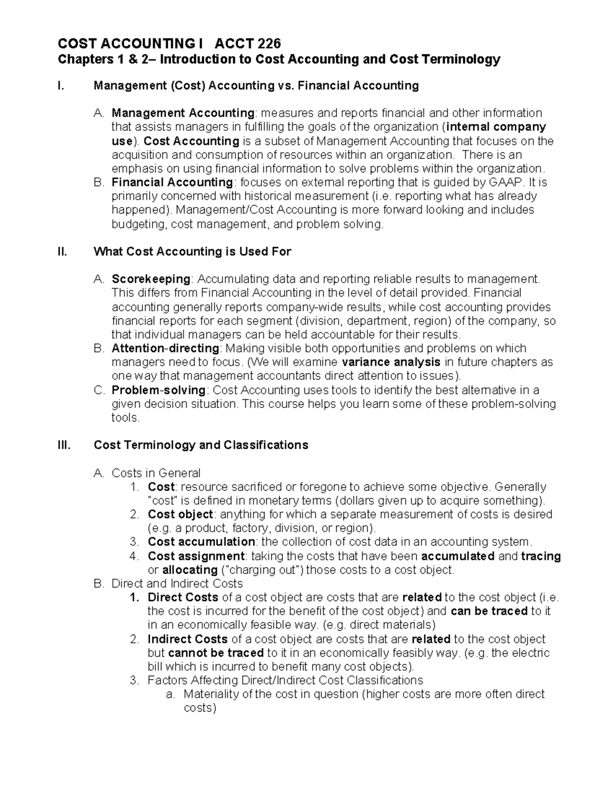 Chapter 1 And 2 Lecture Notes - COST ACCOUNTING I ACCT 226 Chapters 1 ...