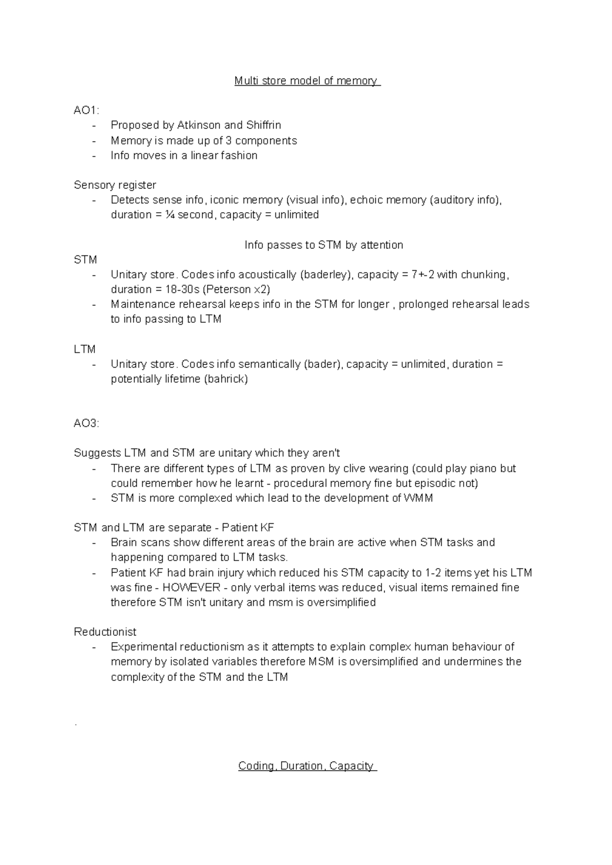 Memory - Multi store model of memory AO1: Proposed by Atkinson and ...