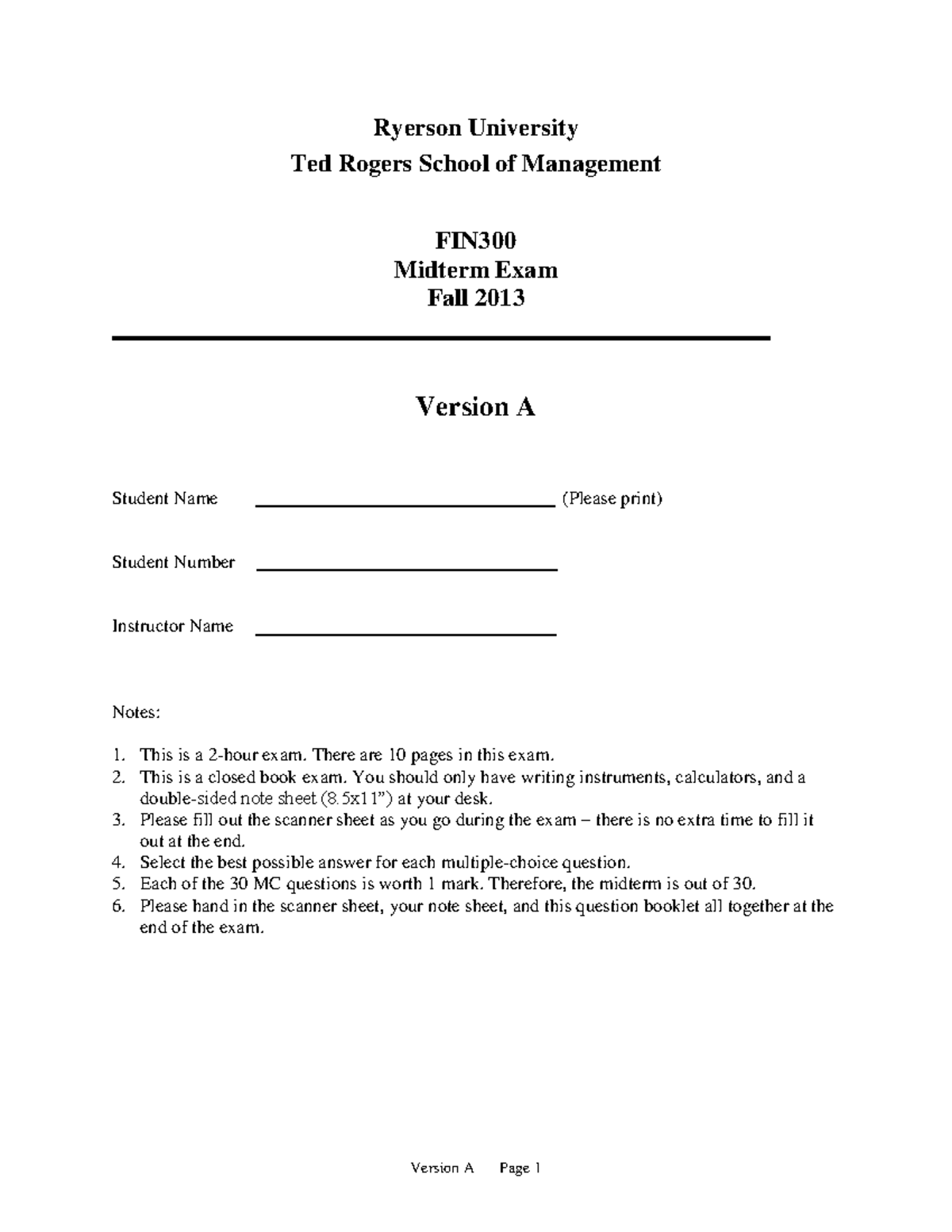 Finance Midterm Exam Practice for 300 - fin 300 - Toronto Met - Studocu