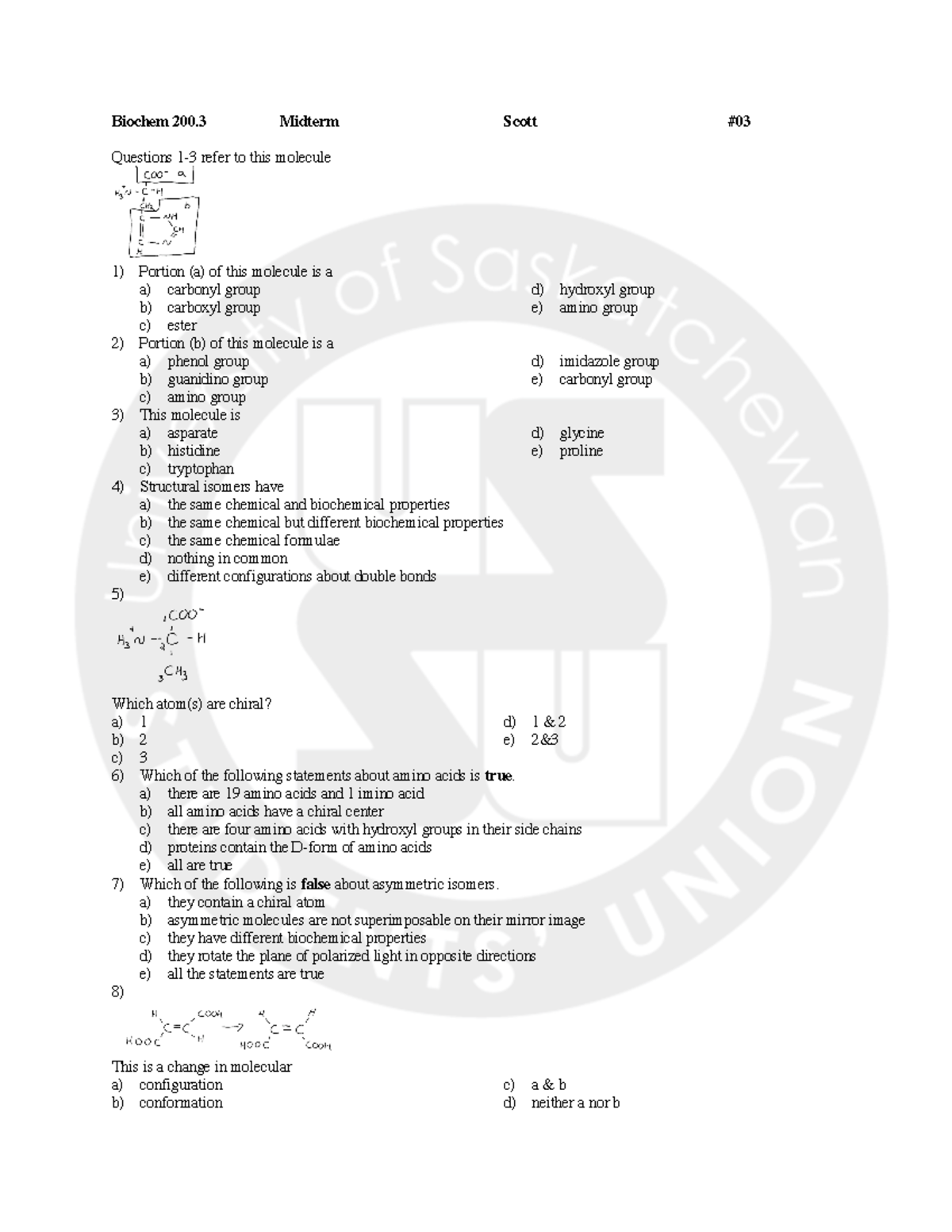Biomolecules Exam 2009, questions and answers Biochem 200 Midterm