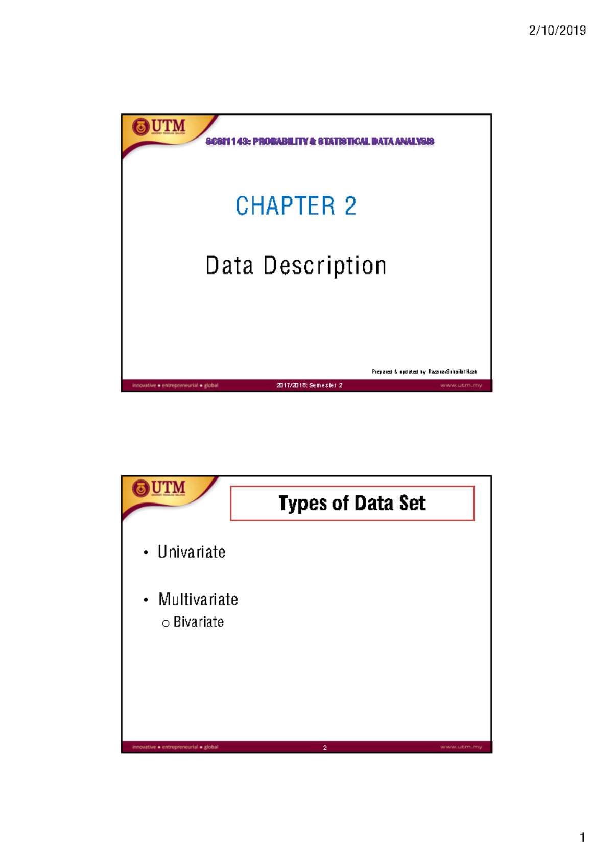 Chapter 2 - CHAPTER 2 Data Descr iption 2017/2018: Semester 2 Prepared ...