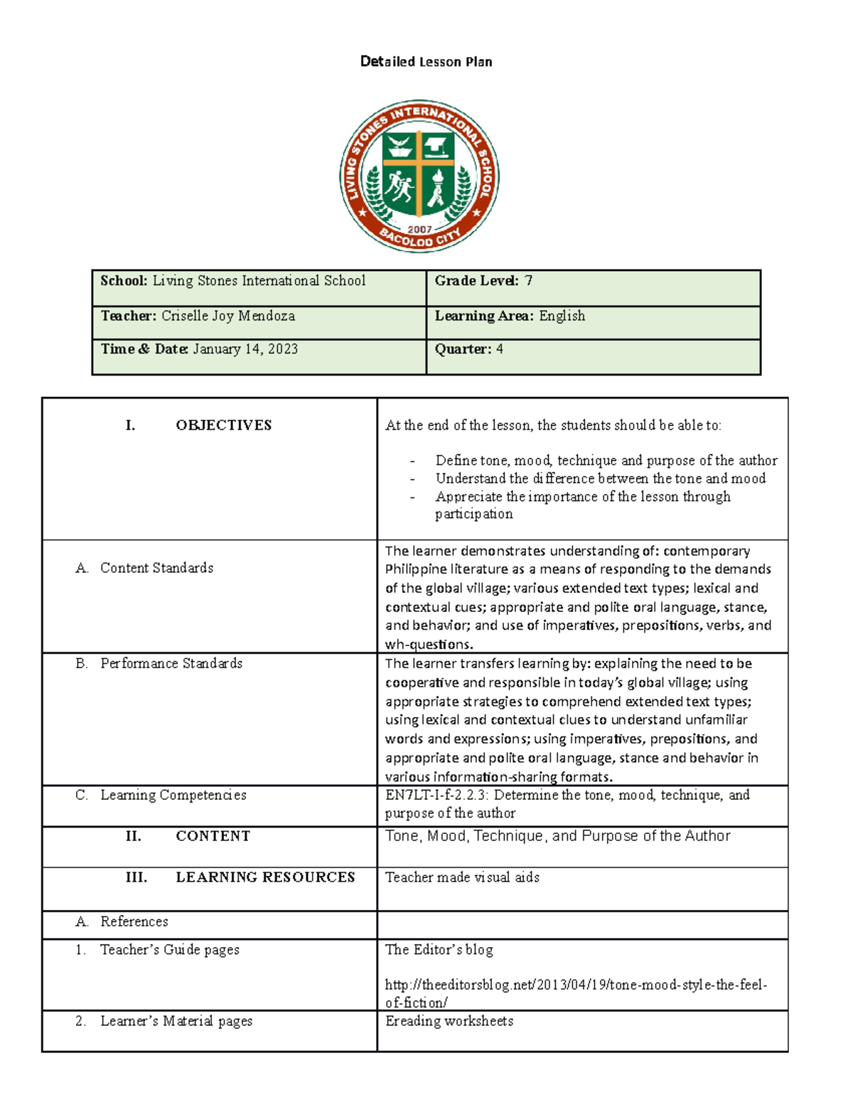 Detailed Lesson Plan 12 - Detailed Lesson Plan I. OBJECTIVES At the end ...