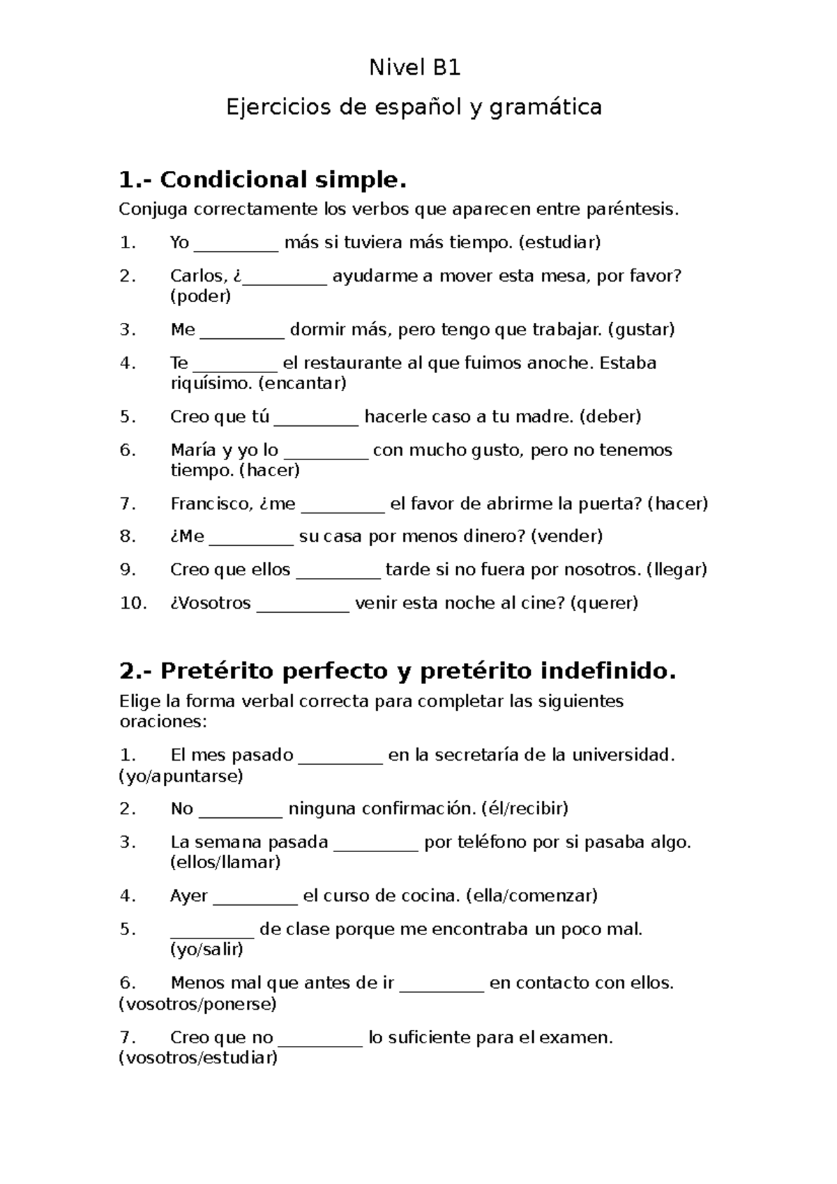 Repaso Gramatica 2 Nivel B Ejercicios De Español Y Gramática 1