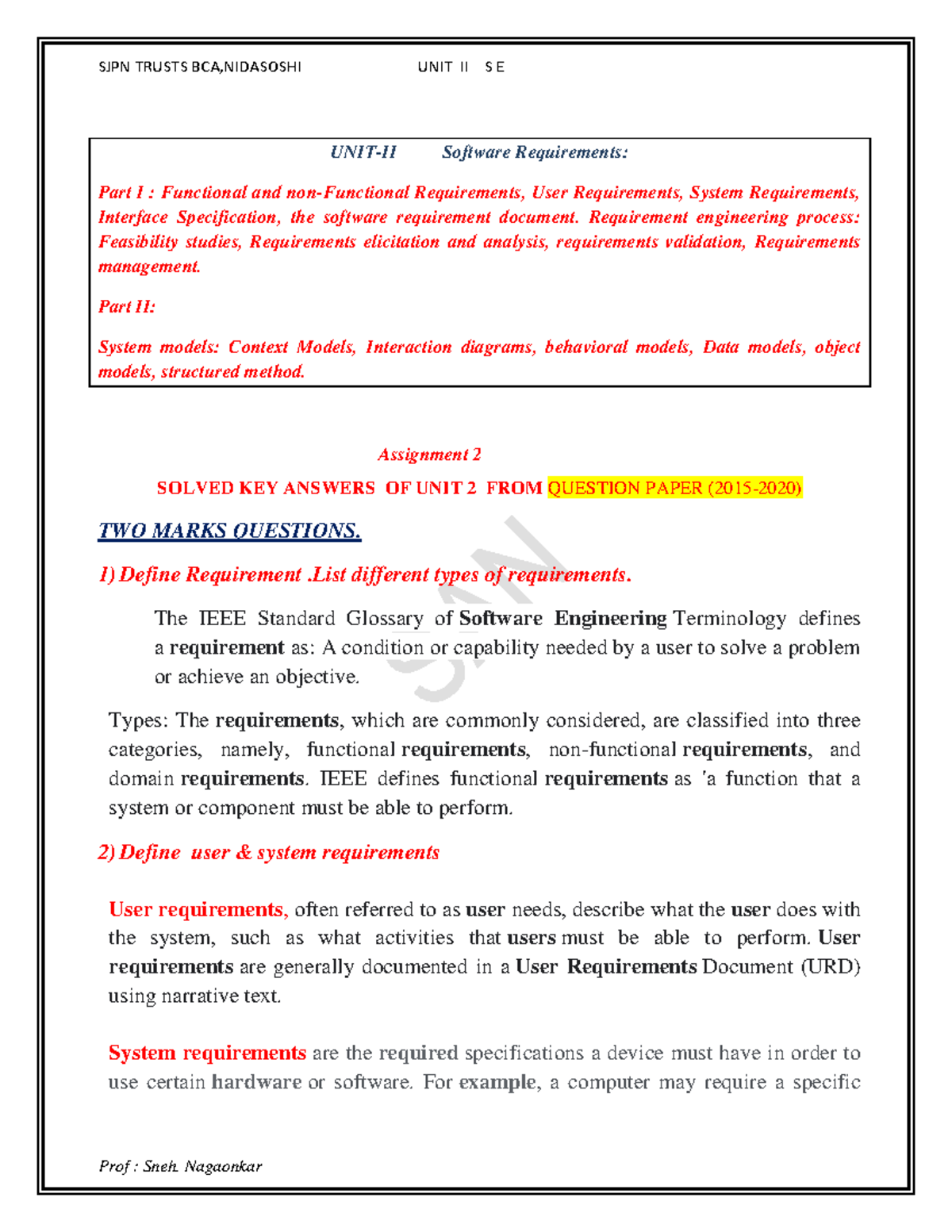Unit 2 solved key answers 2021 - UNIT-II Software Requirements: Part I ...