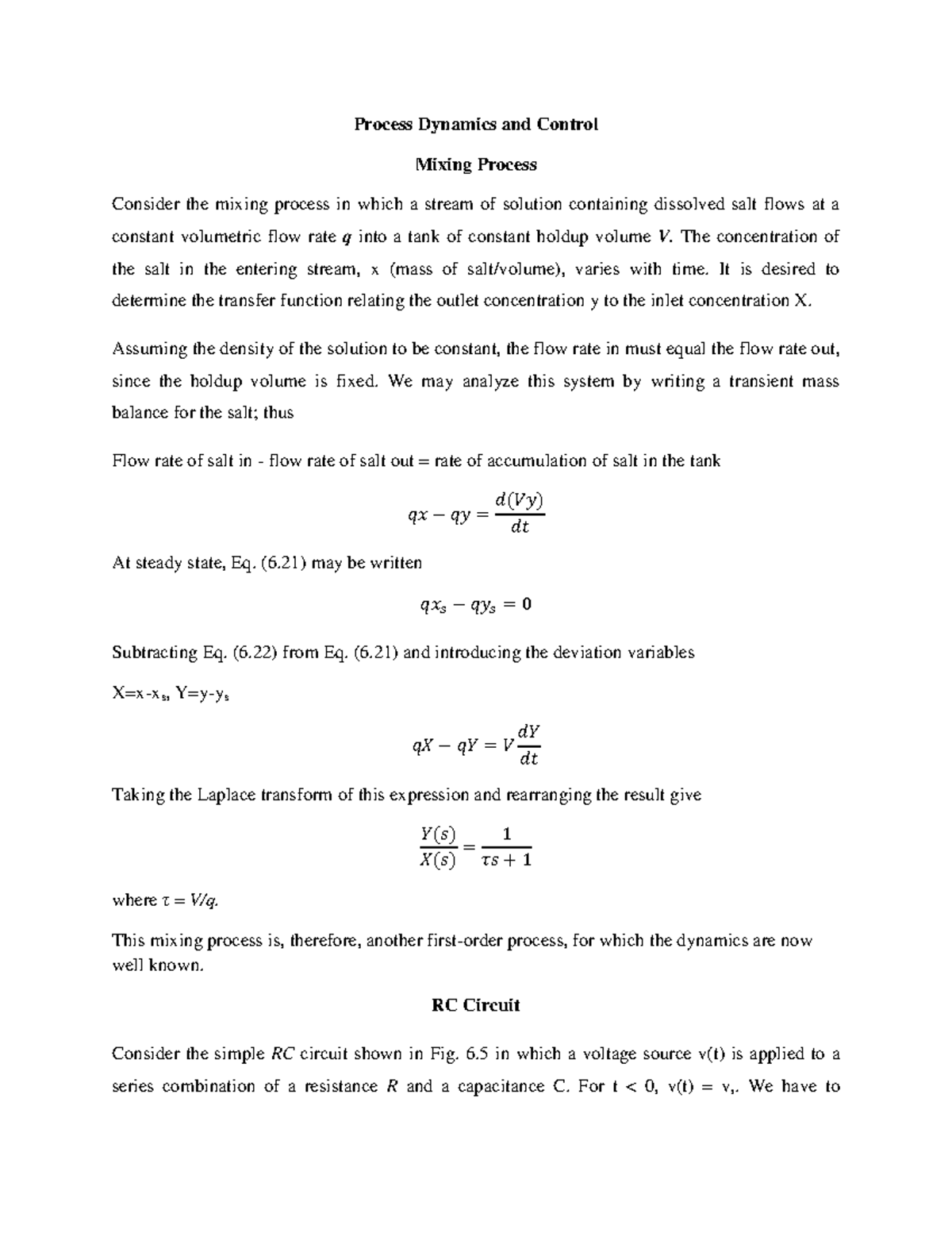 Process dynamics CHEMICAL ENGINEERING Process Dynamics and Control