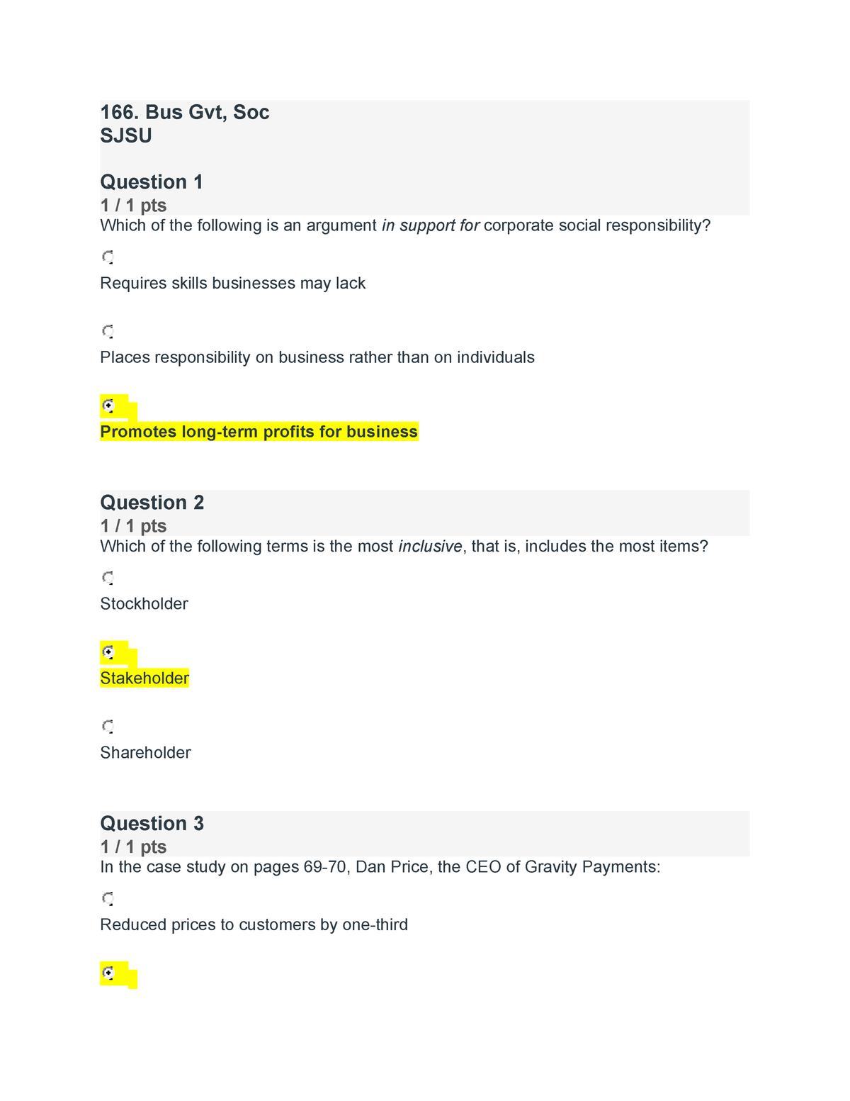 SJSU 166. Bus Gvt, Soc Quiz #3 - 166. Bus Gvt, SocSJSU Question 1 1 / 1 ...