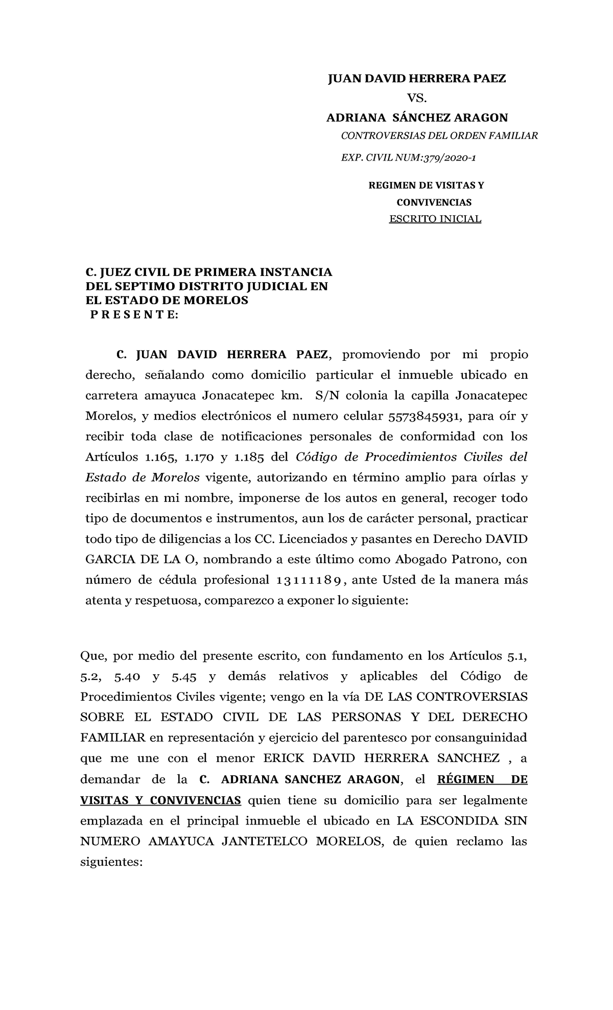 DIVORCIO INCAUSADO - JUAN DAVID HERRERA PAEZ VS. ADRIANA SÁNCHEZ ARAGON ...