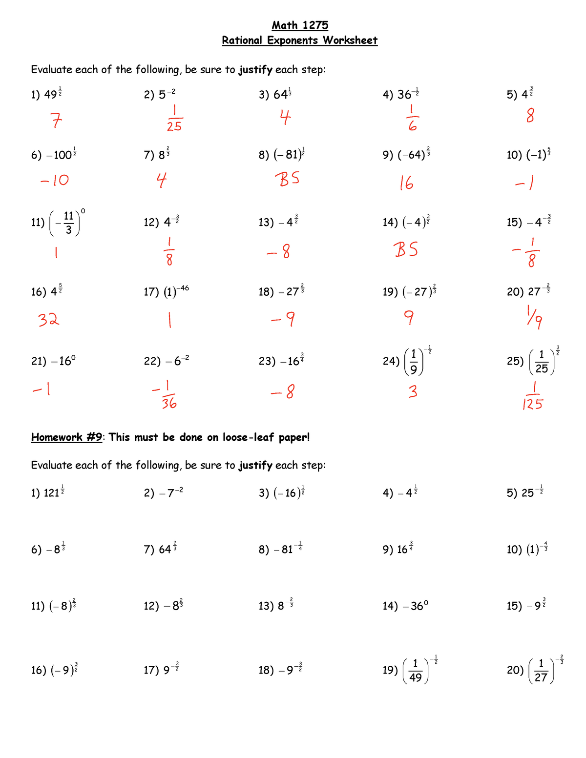 9 Rational Exponents - Math 1275 Rational Exponents Worksheet Evaluate 