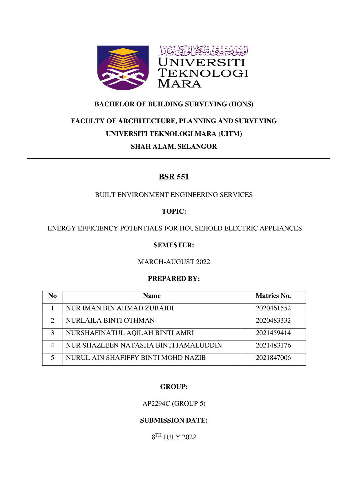 BSR 551 Group Assignment ( Group 5) - BACHELOR OF BUILDING SURVEYING ...