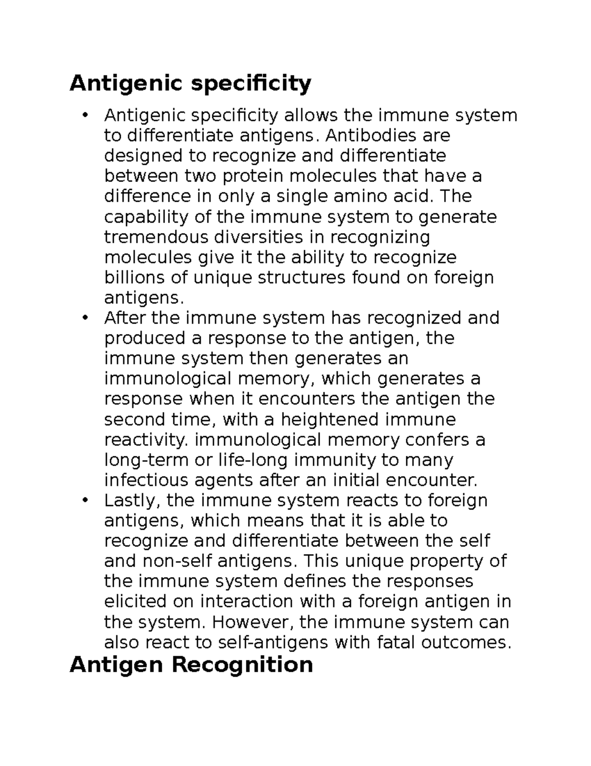 Bio 40 Notes Antigenic specificity Antigenic specificity allows the
