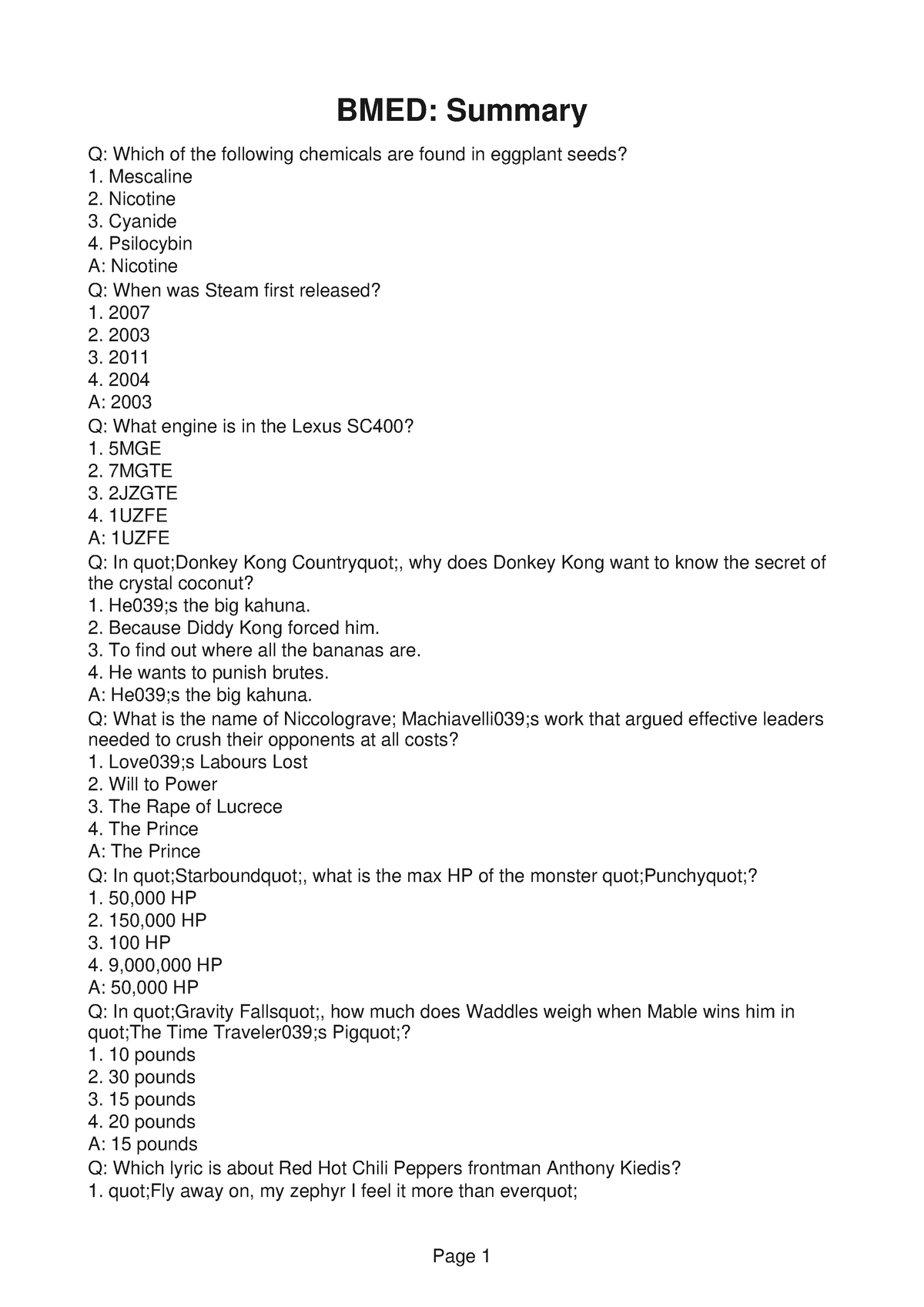 BMED270 Soultions 2 - BMED: Summary Q: Which Of The Following Chemicals ...