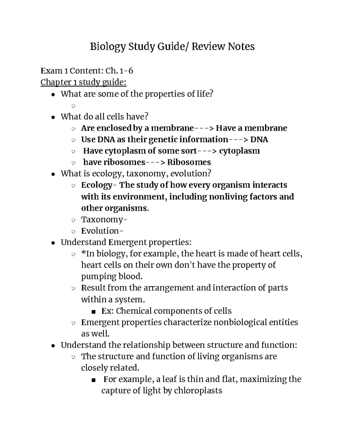 Biology Study Guide - 1- Chapter 1 Study Guide: What Are Some Of The ...