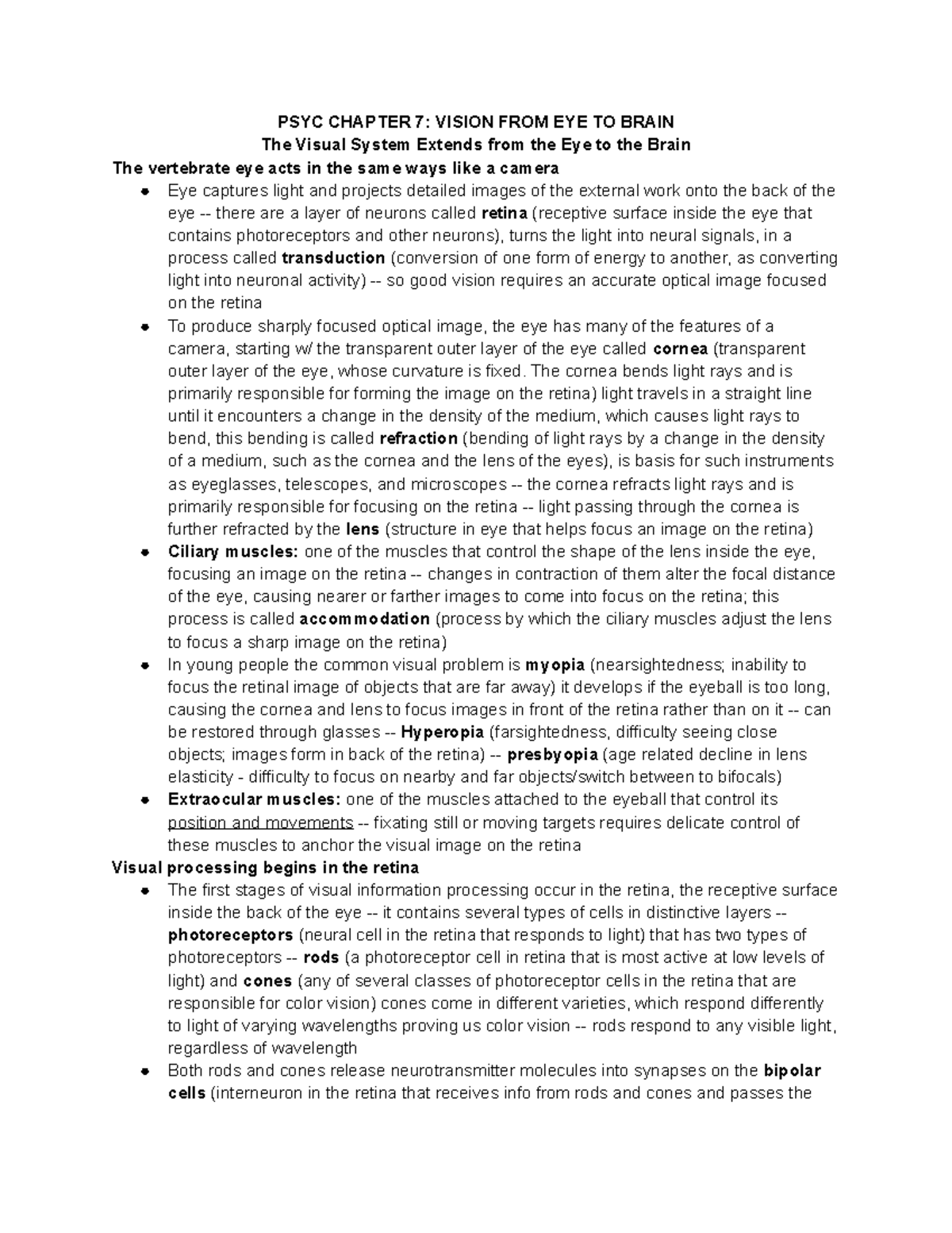 PSYC 273 Chapter 7 Notes - PSYC CHAPTER 7: VISION FROM EYE TO BRAIN The ...
