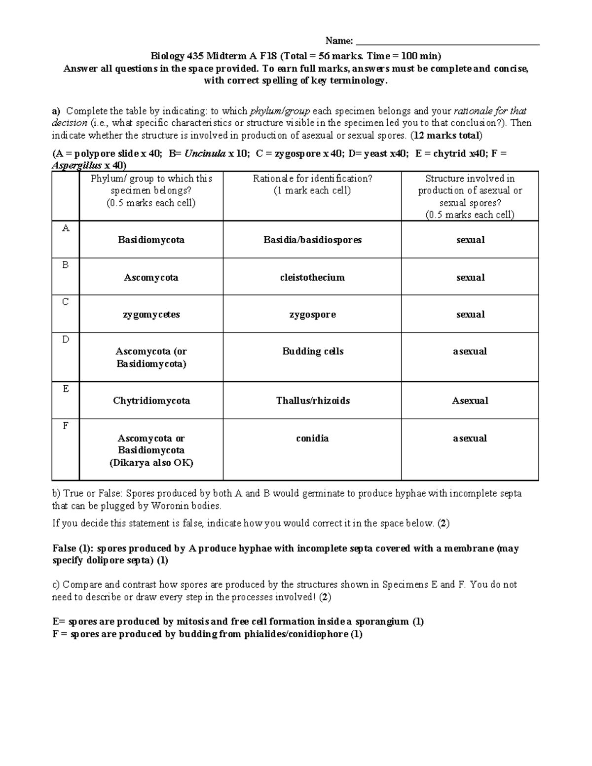 Midterm October 2018, questions and answers - Name: Biology 435 Midterm ...