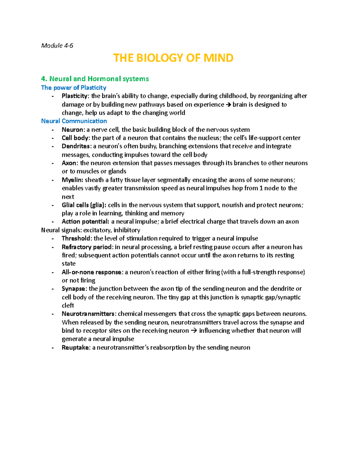 PSYCHOLOGY Midterm Exam Material Learning - Module 4- THE BIOLOGY OF ...