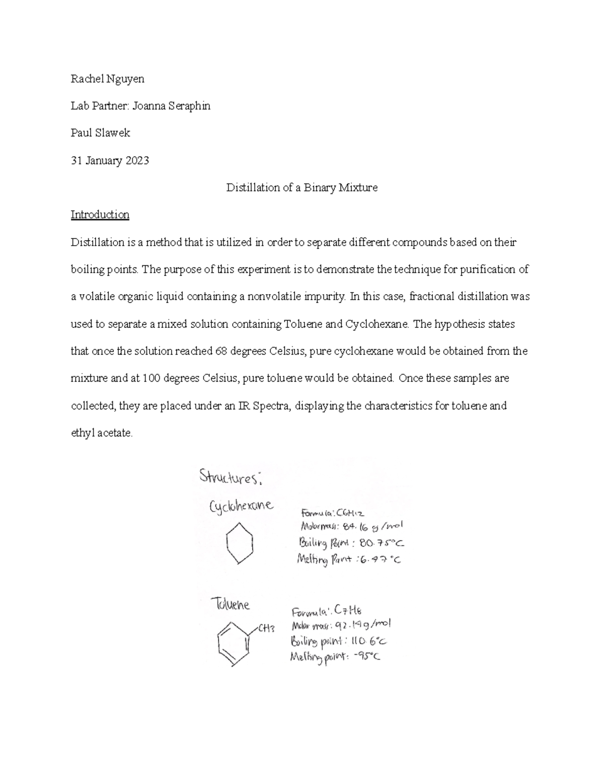 Orgo Lab Report-2 - Orgo lab report - Rachel Nguyen Lab Partner: Joanna ...