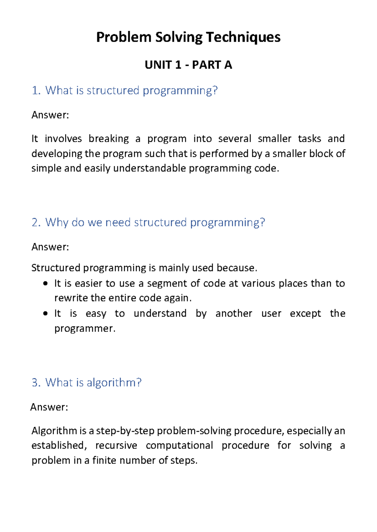 PST Unit 1 Q and A - Gusti - Problem Solving Techniques UNIT 1 - PART A ...