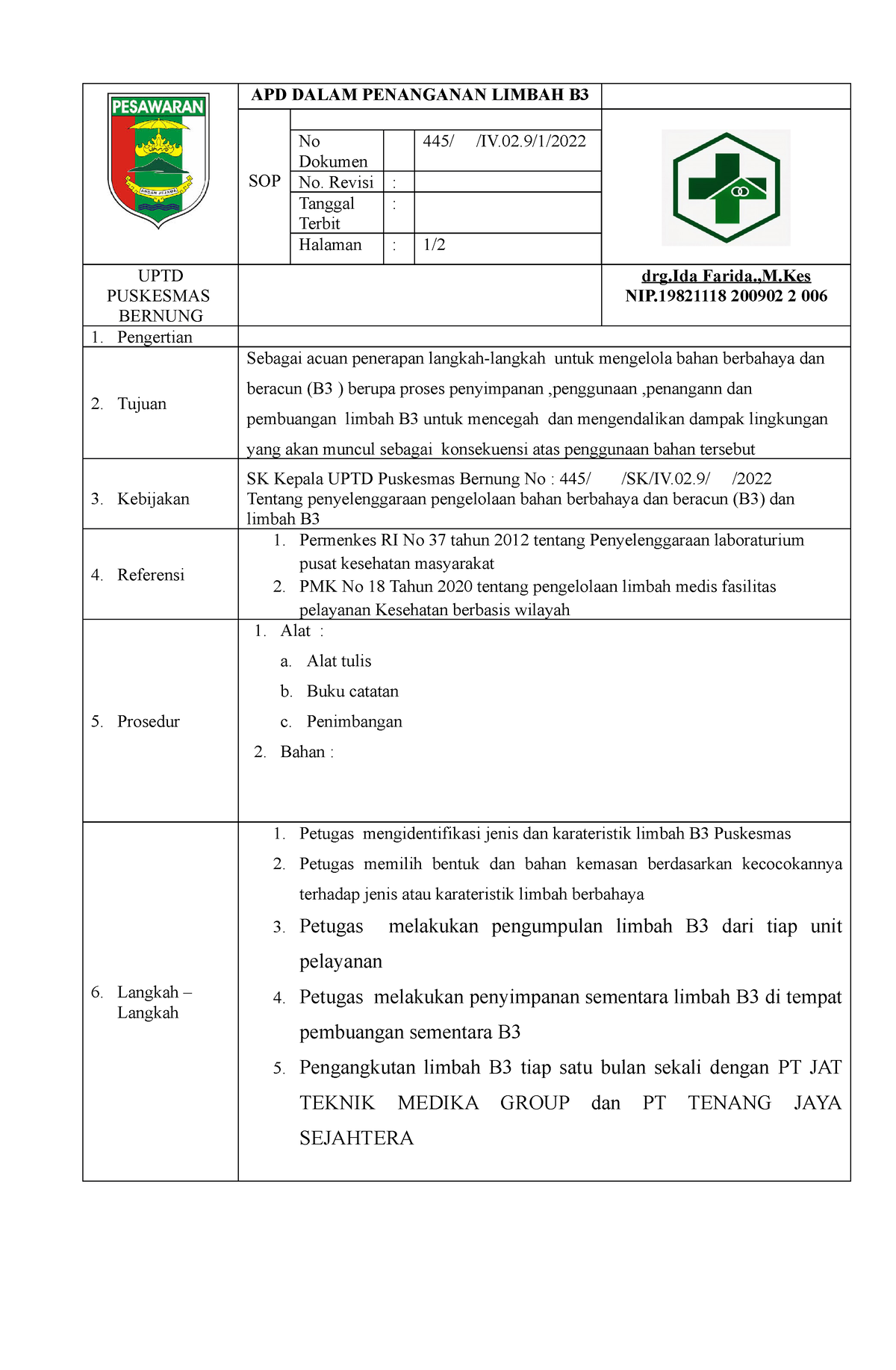 SOP APD Dalam Penanganan Limbah B3 - APD DALAM PENANGANAN LIMBAH B SOP ...