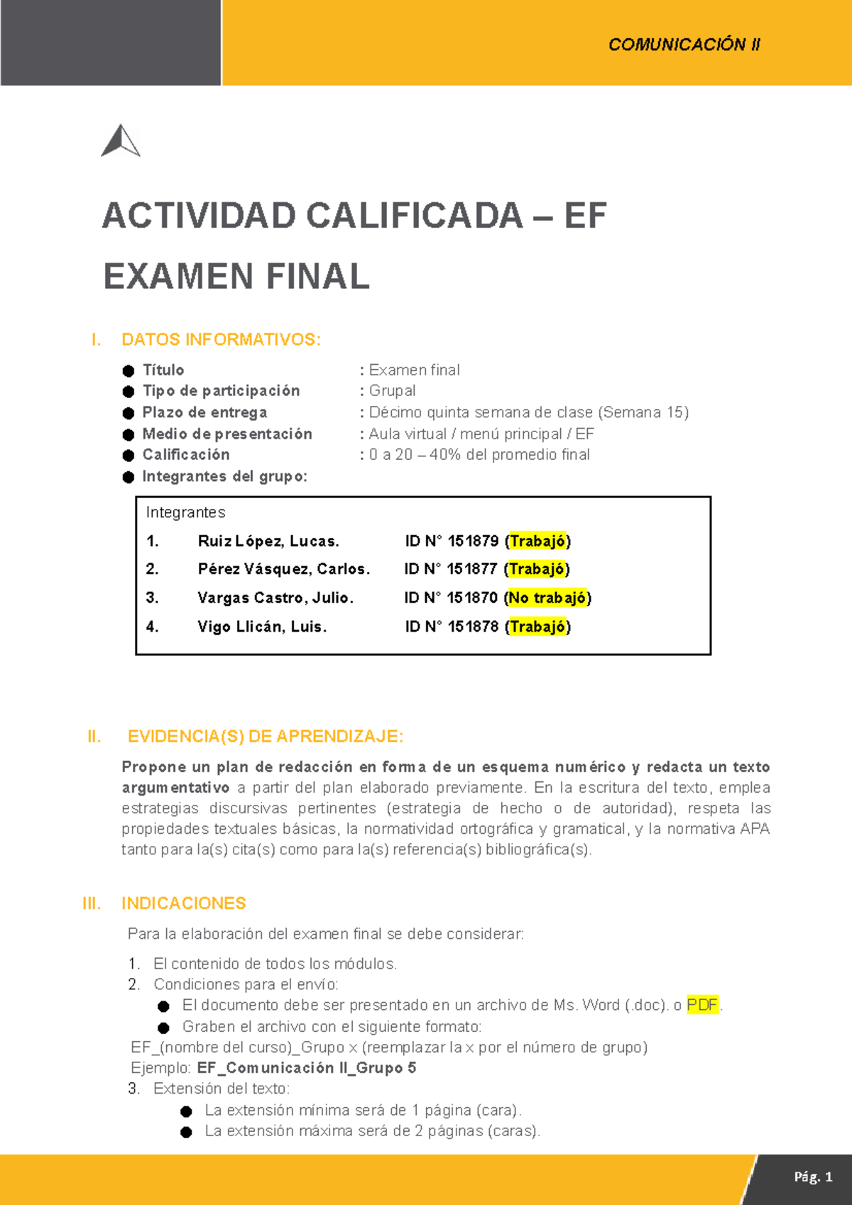 Modelo De EF - ACTIVIDAD CALIFICADA – EF EXAMEN FINAL I. DATOS ...