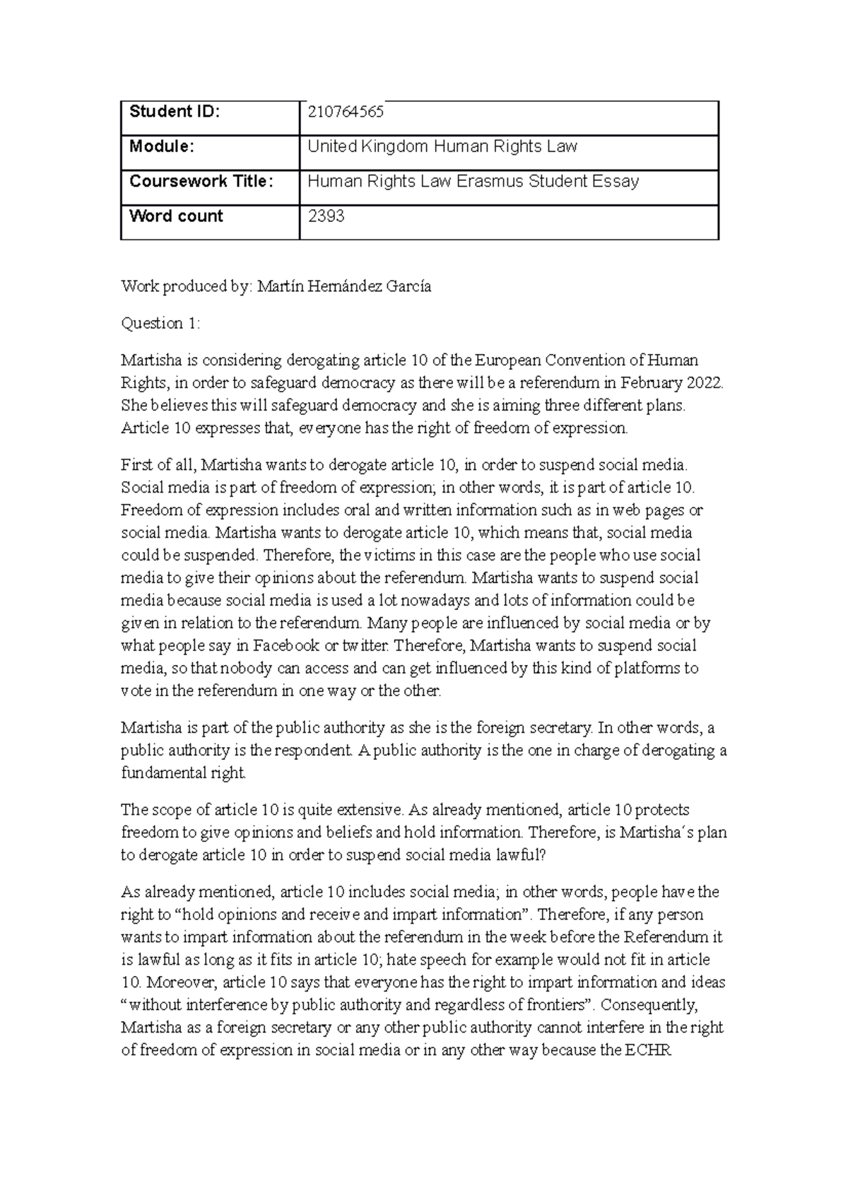 Question 1 Human Rights Law Essay Martin Hernandez Garcia - Student ID ...