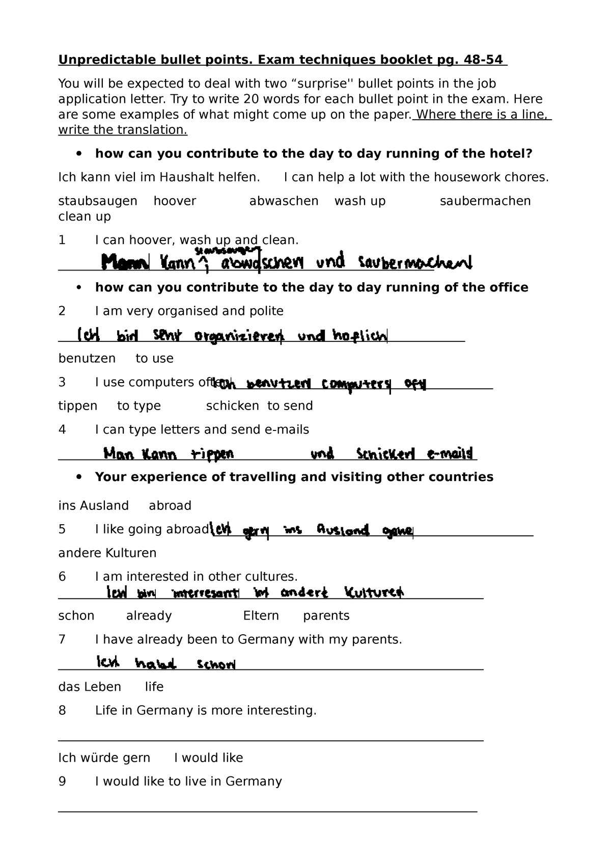 Unpredictable Bullet Point Worksheet German - Unpredictable Bullet ...