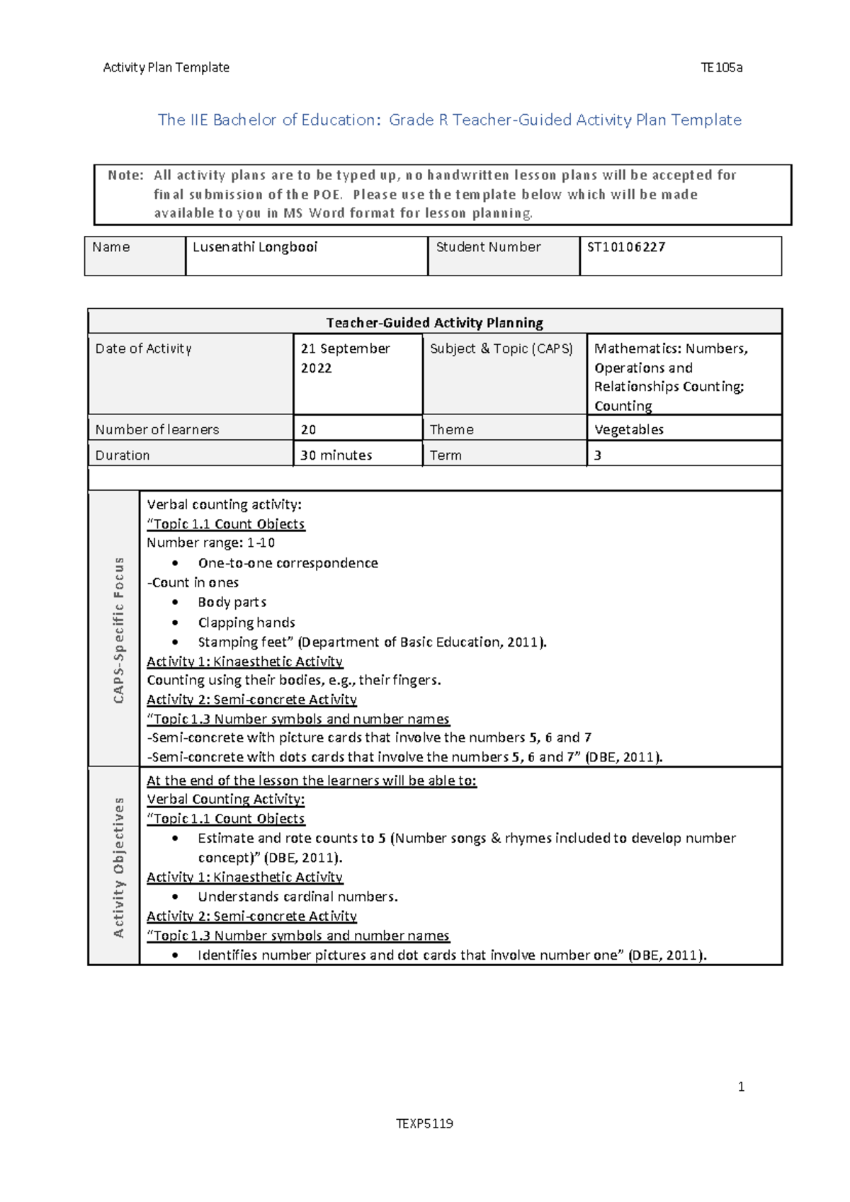 TEXP5119 TE105a Activity Plan Template (1)(1) (Auto Recovered) - Name ...