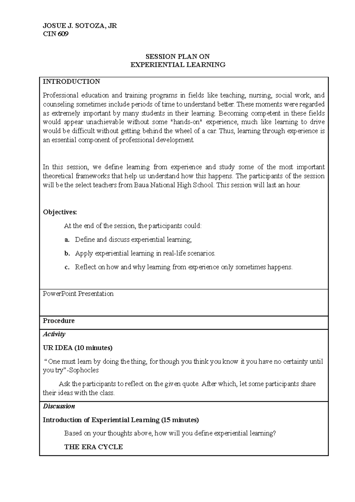 Sotoza Session PLAN Final - CIN 609 SESSION PLAN ON EXPERIENTIAL ...