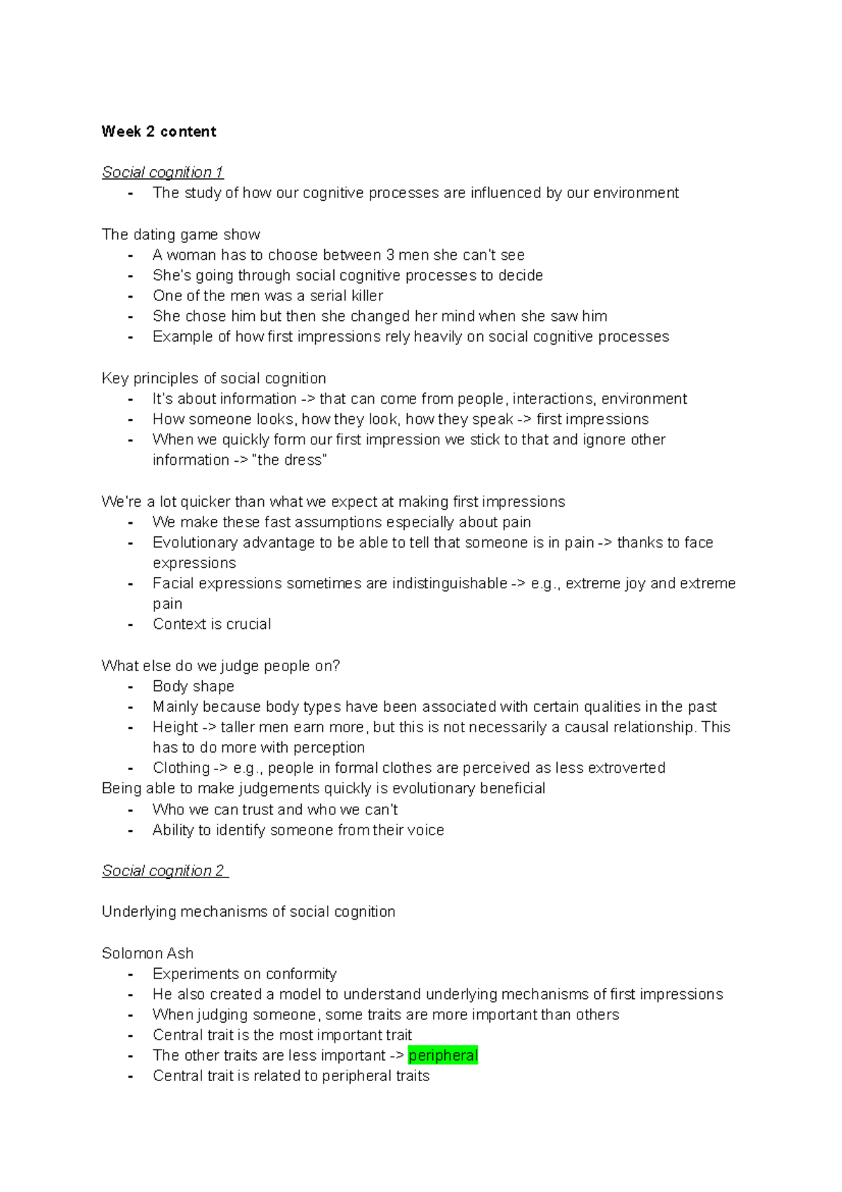 Social psychology week 2 content Week 2 content Social cognition 1