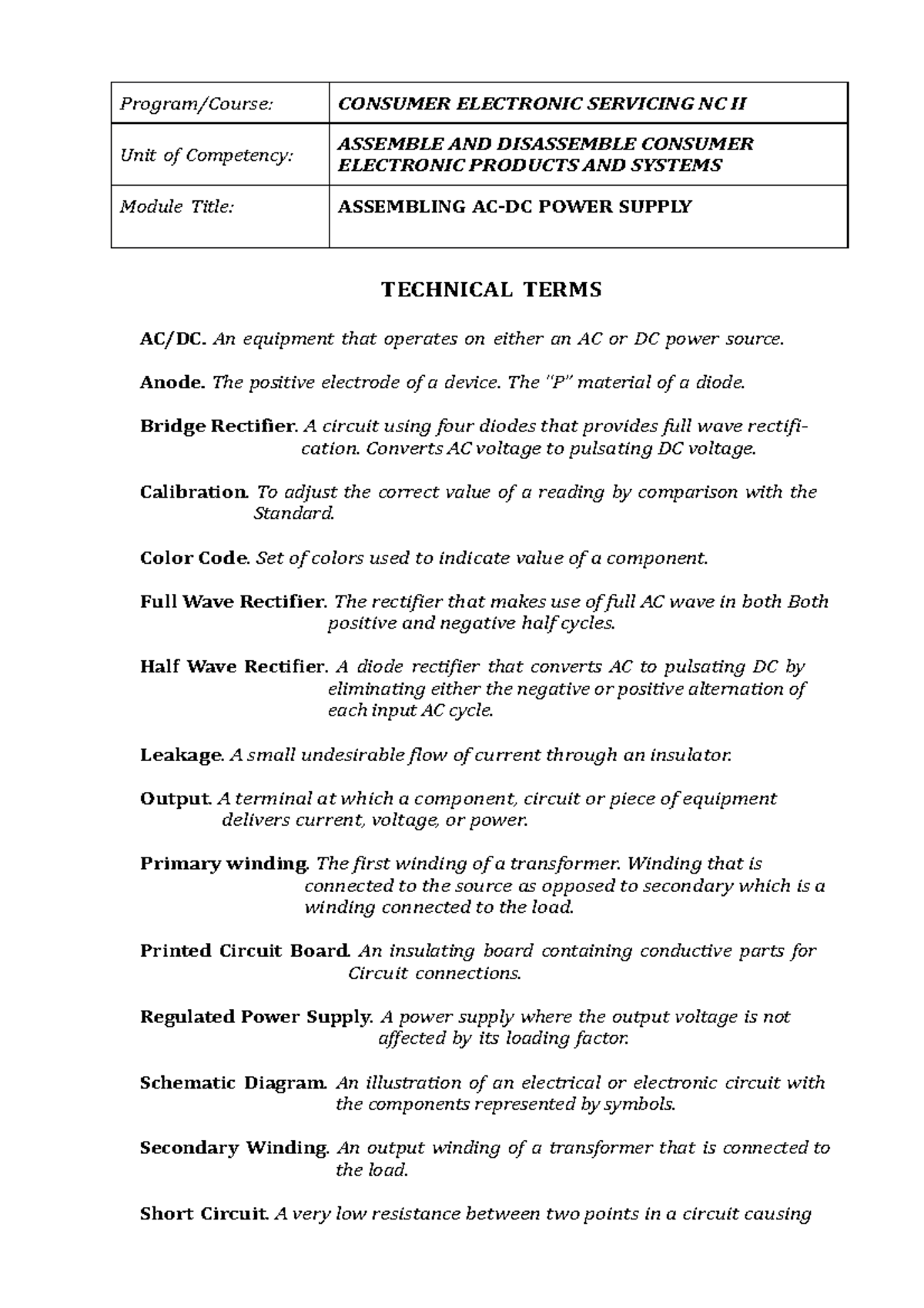 Power Supply REWQXW Program/Course CONSUMER ELECTRONIC SERVICING NC II Unit of Competency