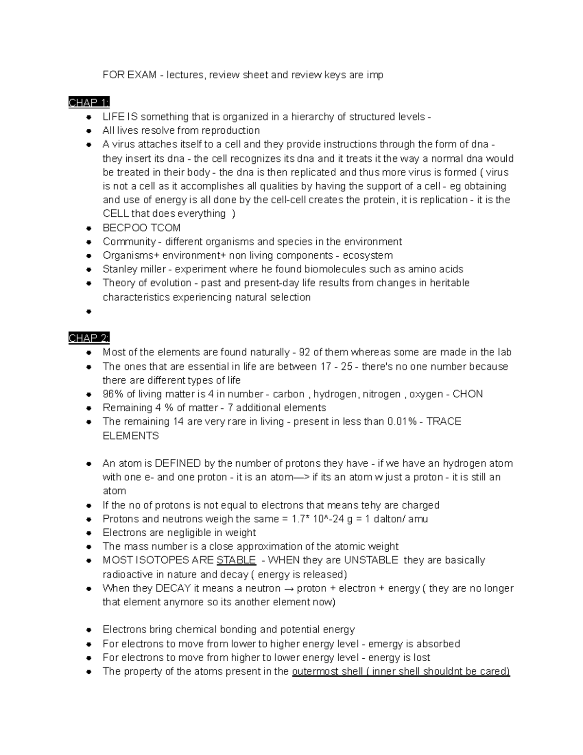 BIO1 - lecture notes - FOR EXAM - lectures, review sheet and review ...