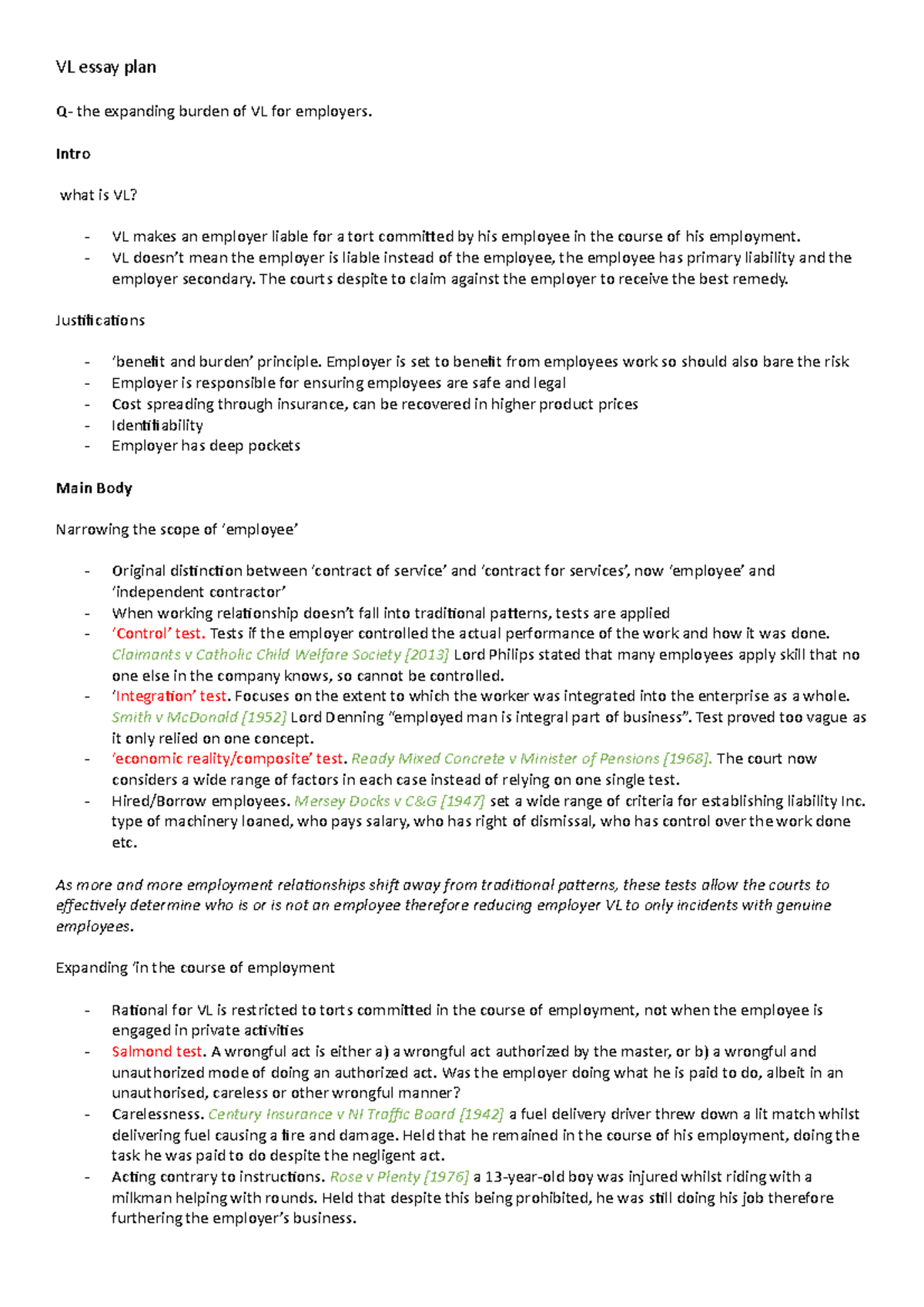 Vicarious liability notes - VL essay plan Q- the expanding burden of VL ...