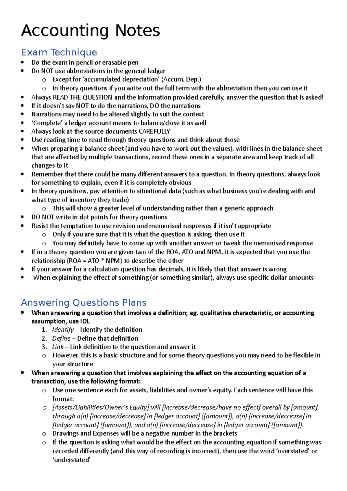 VCE Accounting 3 4 Notes Accounting Notes Exam Technique Do the exam in pencil or erasable pen