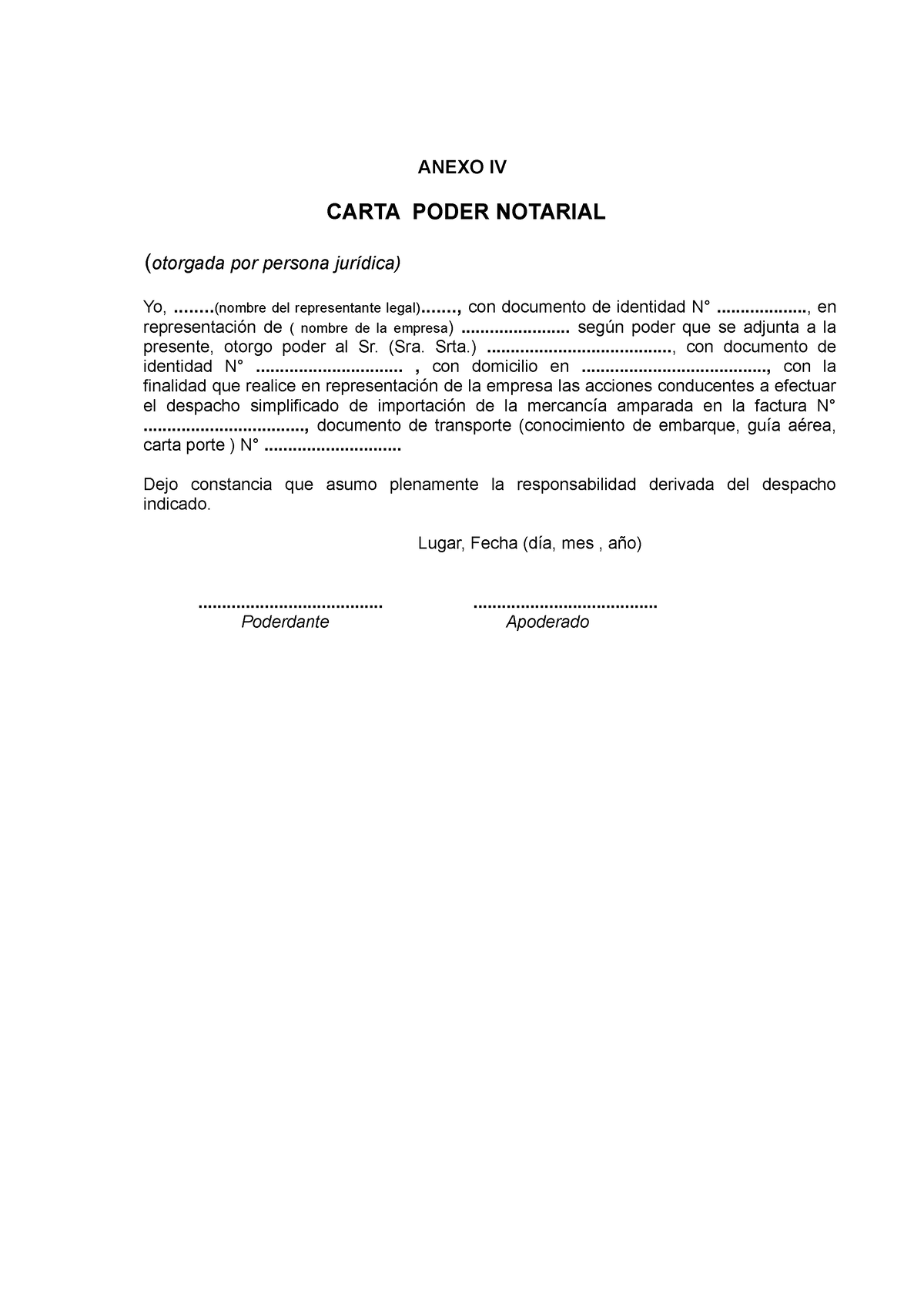 Carta Poder Notarial Personas Jurídicas Anexo Iv Carta Poder Notarial Otorgada Por Persona