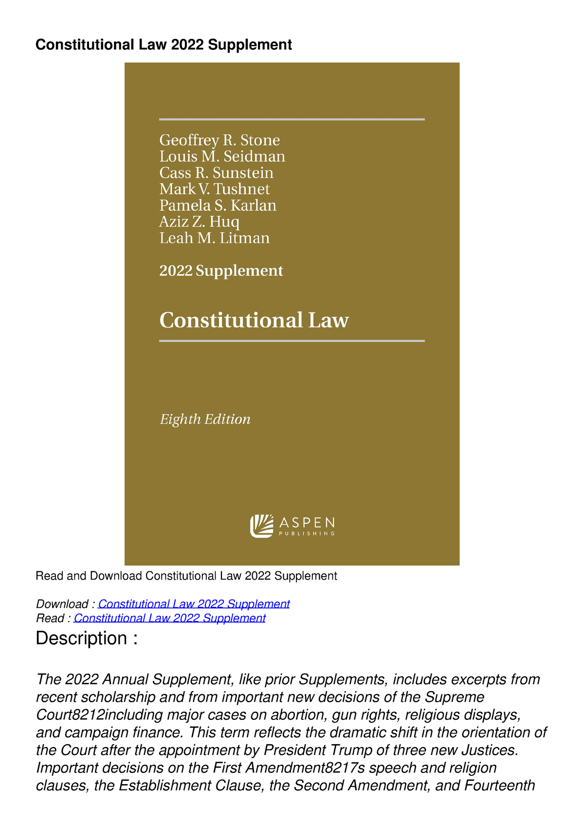 [PDF] DOWNLOAD Constitutional Law 2022 Supplement - Constitutional Law ...