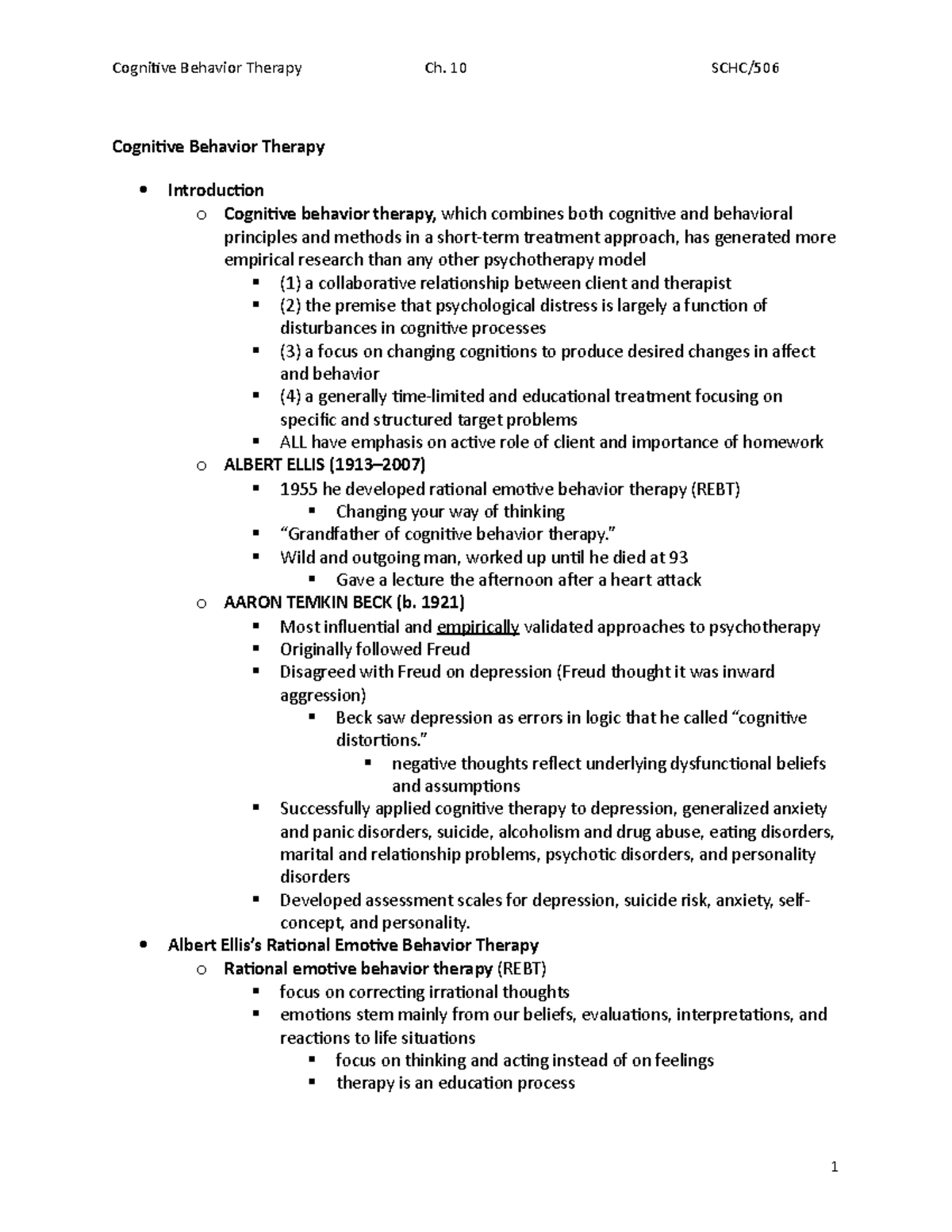 SCHC506 Chapter 10 - Lecture notes ch 10 - Cognitive Behavior Therapy ...