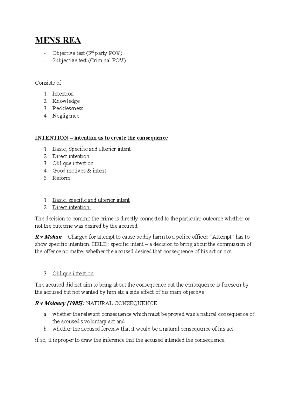 The elements of Mens Rea ( Criminal Law ) MENS REA Objective test
